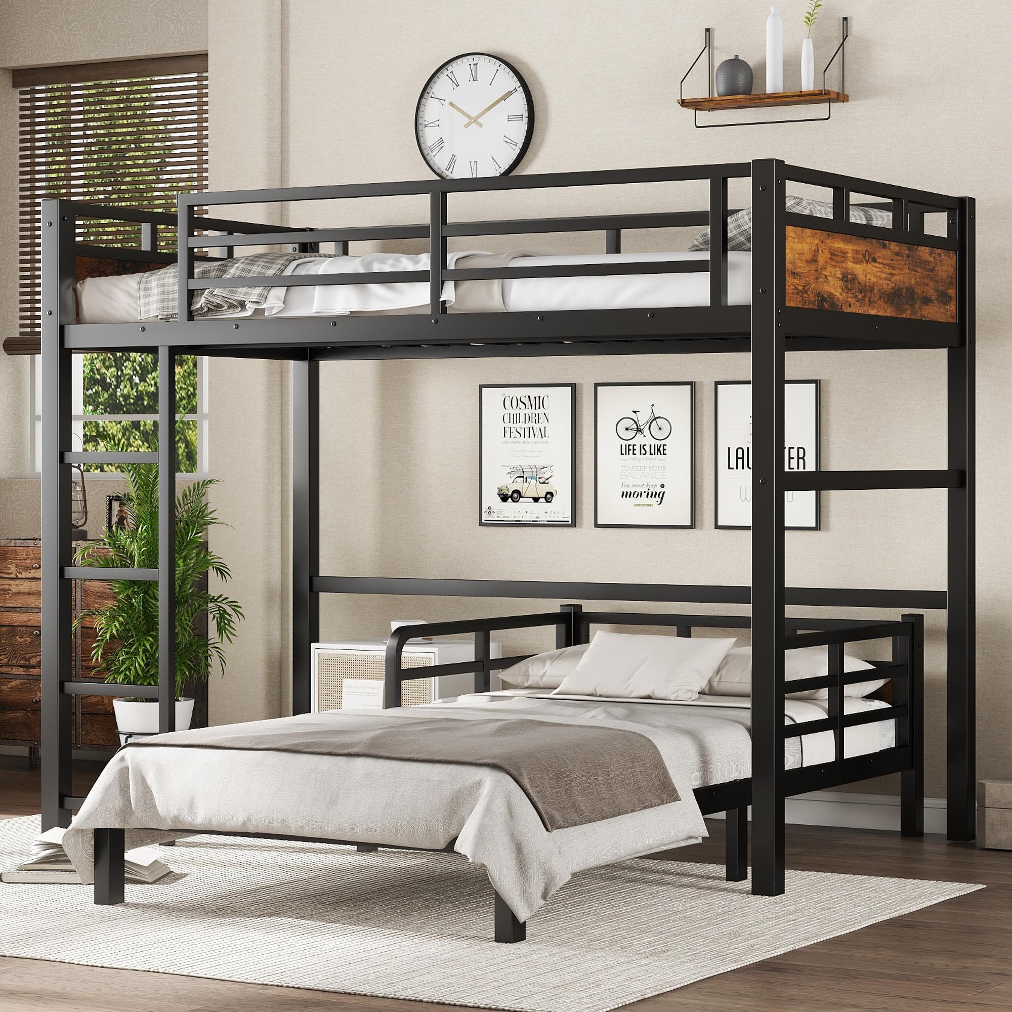 Twin XL over Twin XL Metal Bunk Bed/Metal Loft Bed and Metal Platform Beds,with raised security fence,Vintage Wood-colored