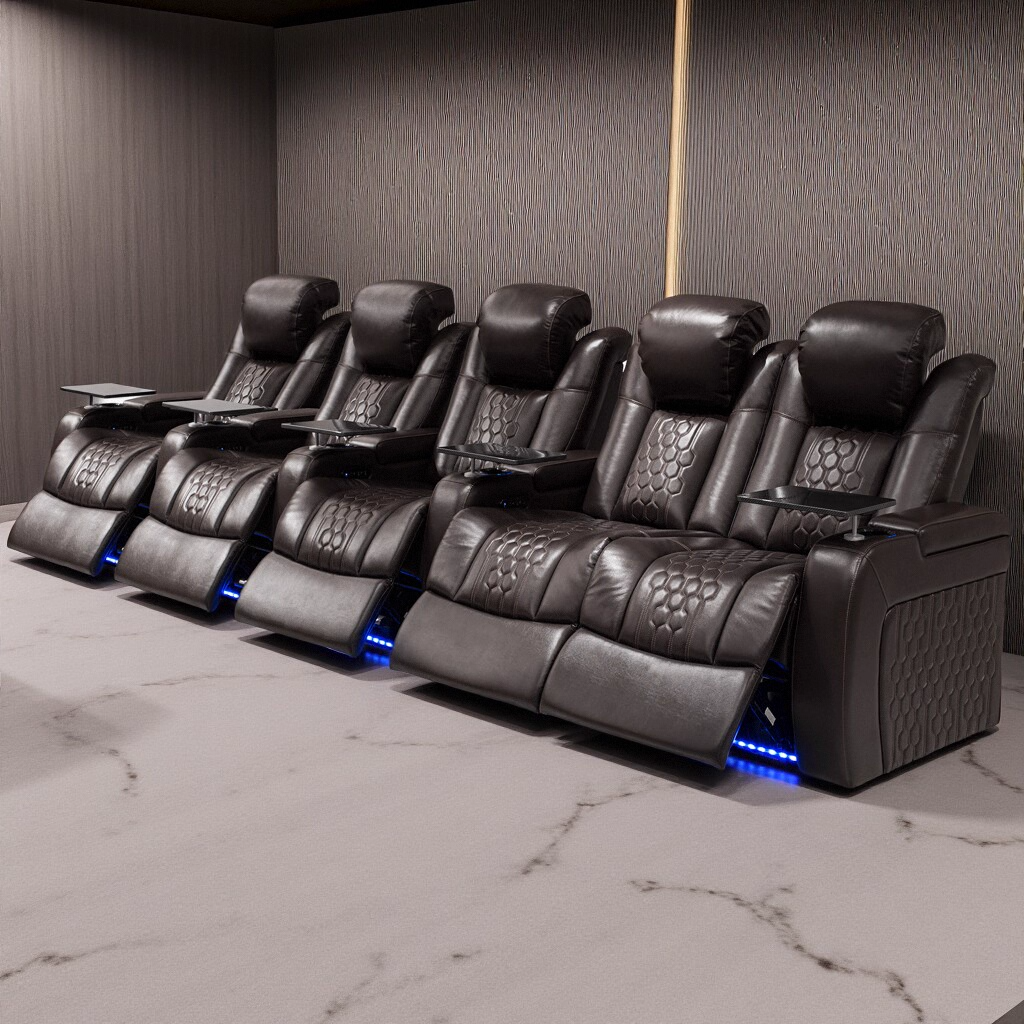 155.5″Power Recliner 5 PC Made WithTop-Grain Nappa,Fully Adjustable Relaxation,Smart Charging,Dynamic RGB LED Lighting,COFFEE