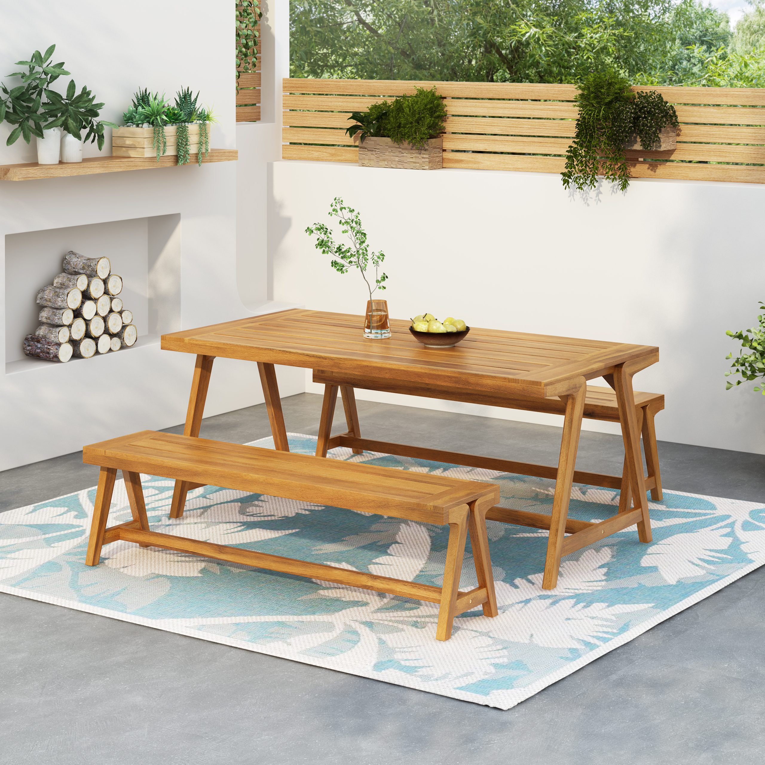 Outdoor 3-Piece Picnic Table Set, Contemporary Acacia Wood Patio Dining Set with Benches – All-Weather & Compact for Balcony, Deck, Camping