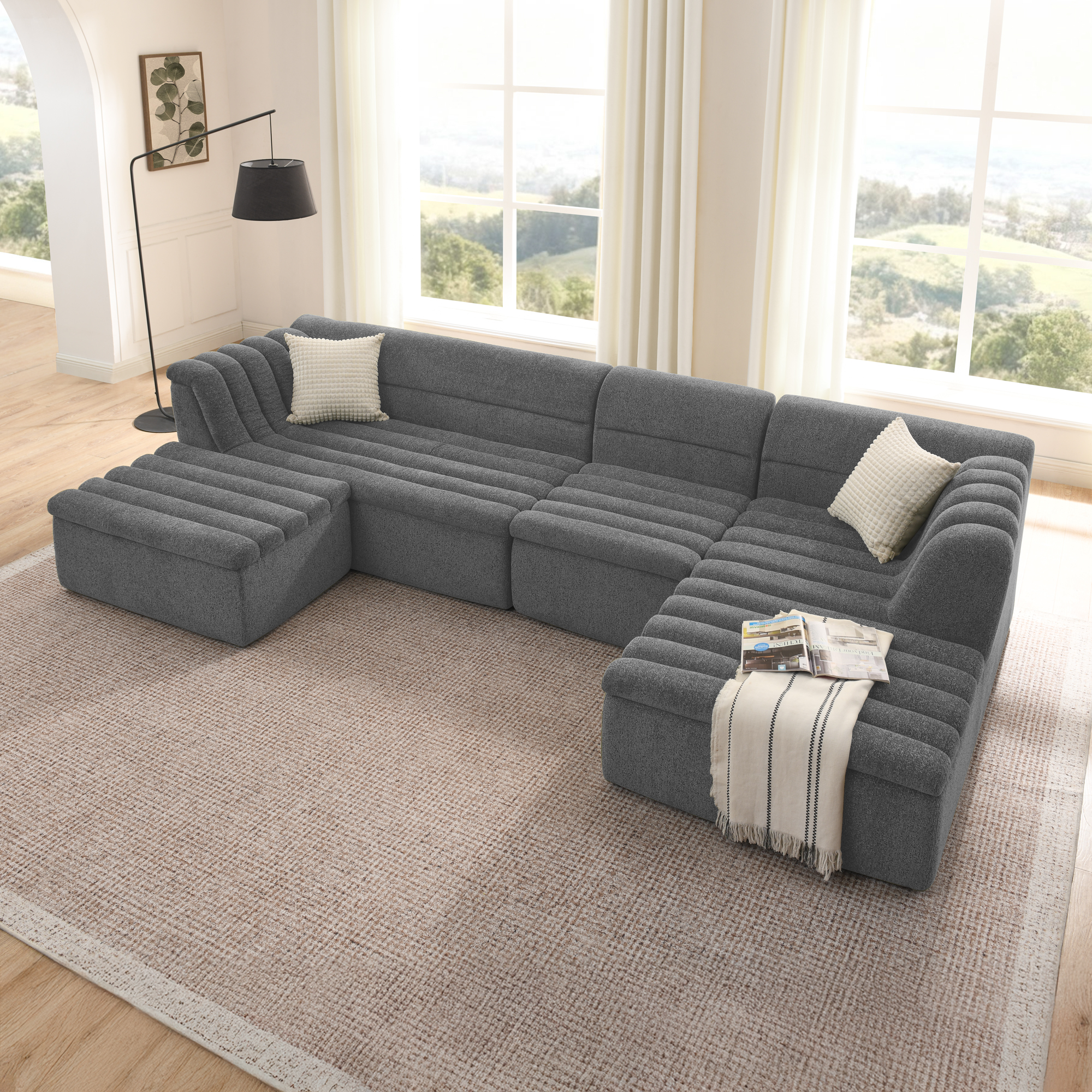 135″ U-Shaped Modular Sectional Sofa with Chaise and Movable Ottoman for Living Room, Chenille Upholstered Boneless Couches with Wave-Shaped Armrest, No Pillows Included
