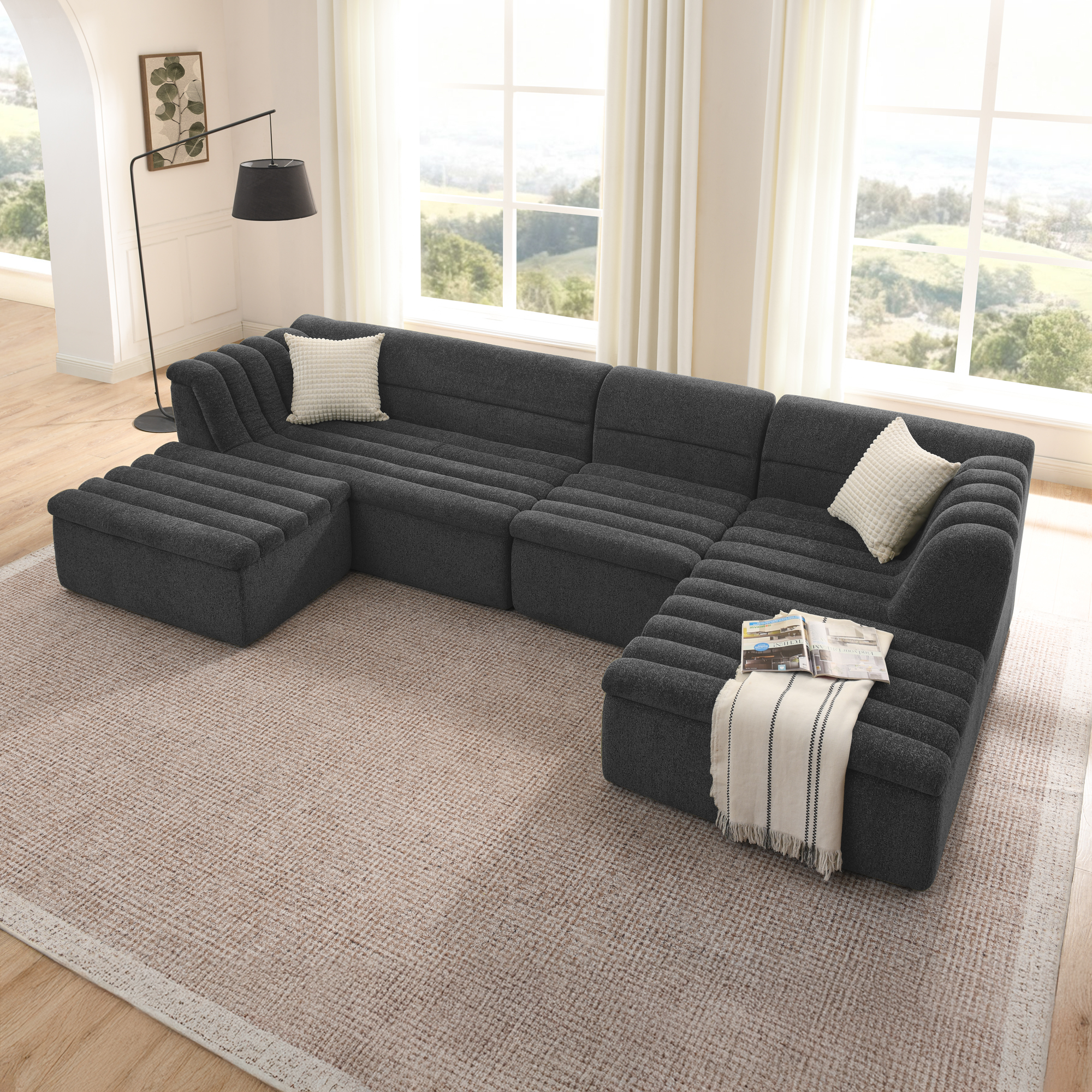 135″ U-Shaped Modular Sectional Sofa with Chaise and Movable Ottoman for Living Room, Chenille Upholstered Boneless Couches with Wave-Shaped Armrest, No Pillows Included