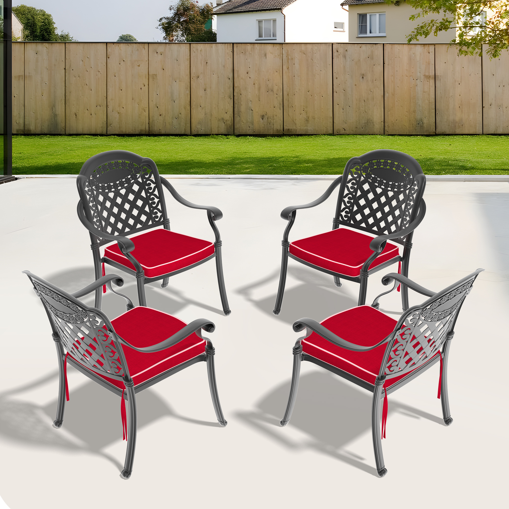 Cast Aluminum Patio Dining Chair 4PCS With Black Frame and Red Cushions (same as W1710S00505)