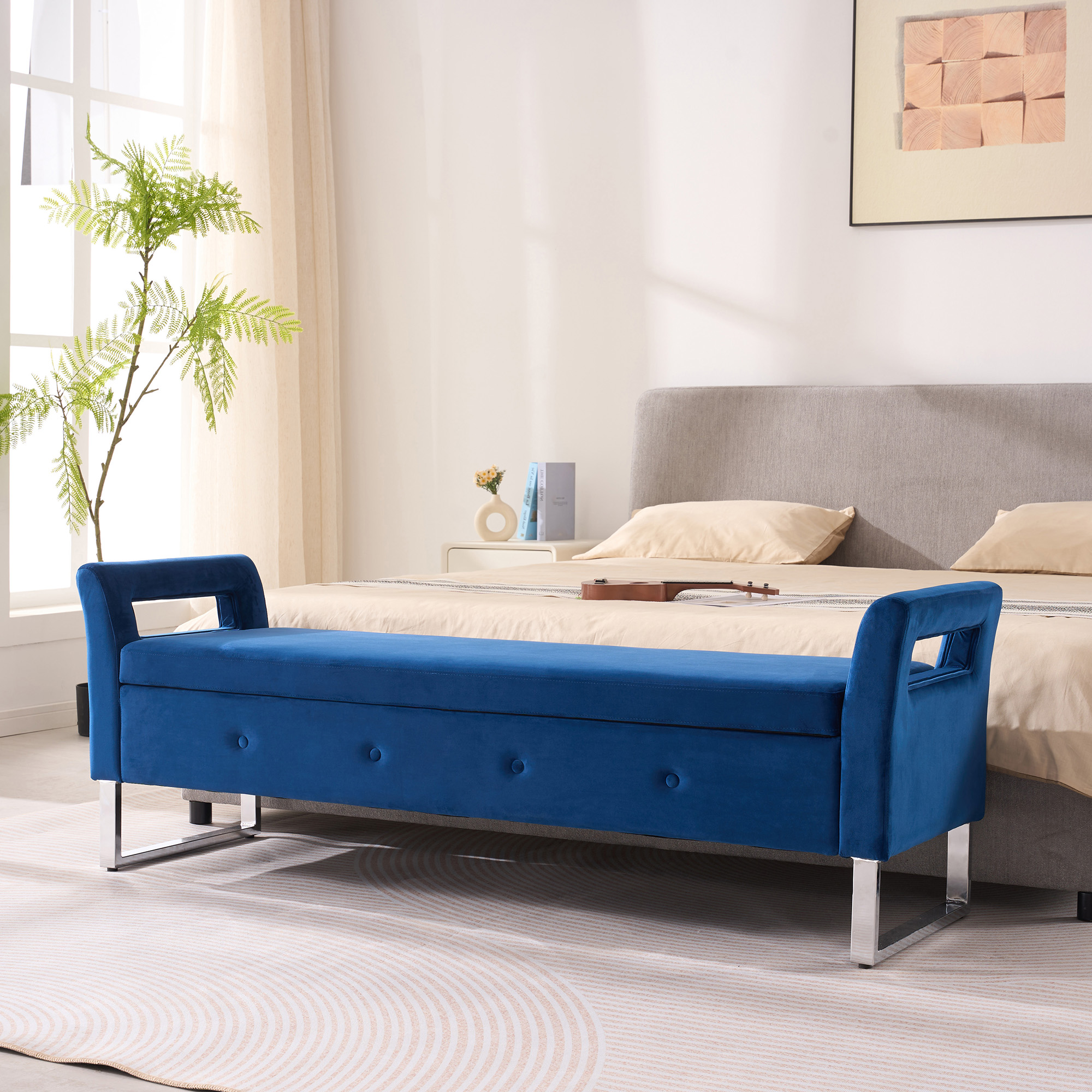 67.91″Wide Velvet Storage Soft Bench with Armrests  for Living Room, Entryway and Bedroom.  Navy