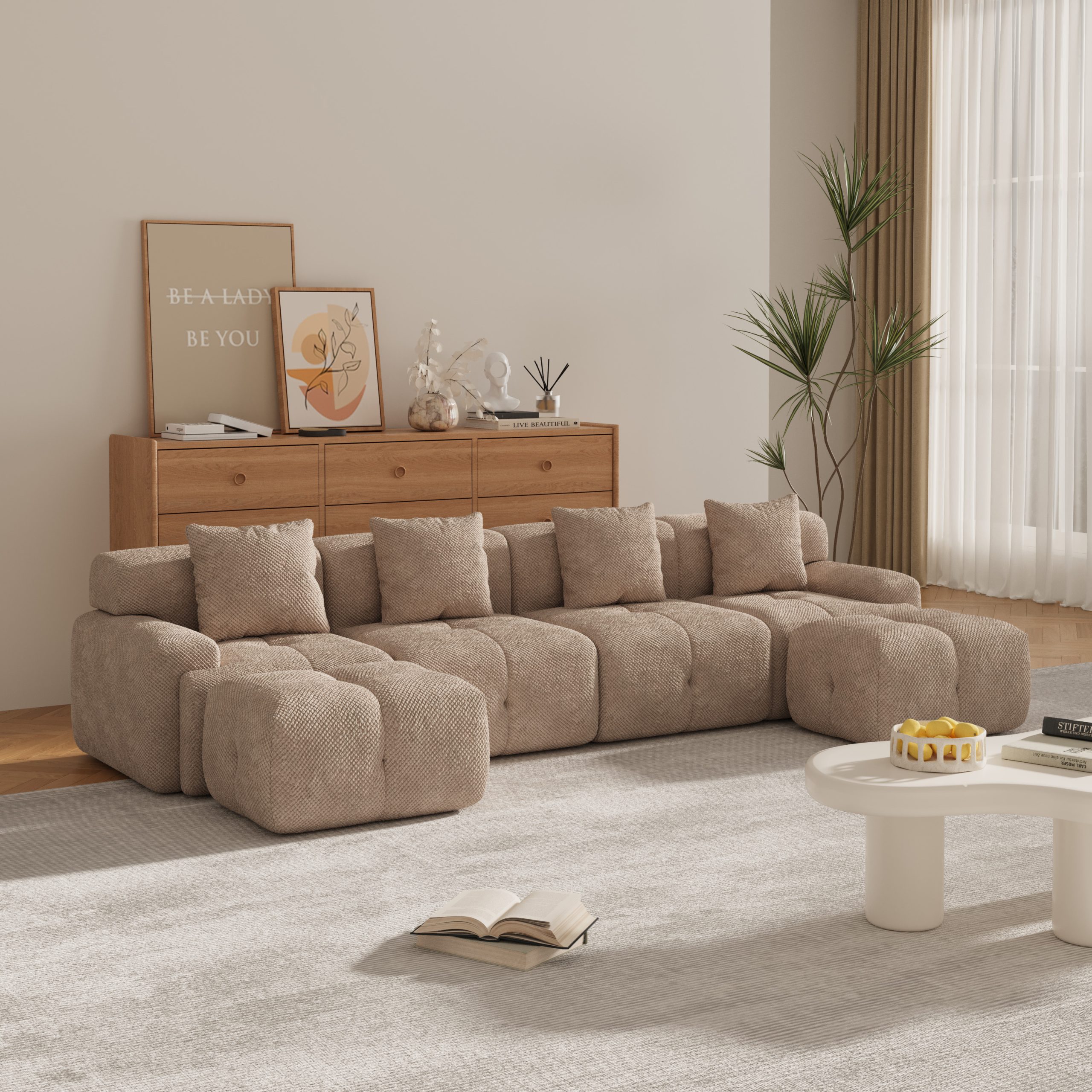 135.4″ 6-Piece U-Shaped Sleeper Modular Sectional Sofa Bed Chaise, Oversized 4-Seater Boneless Convertible Block Cloud Tufted Floor Corner Couch Set with 2 Ottomans & 4 Pillows for Living Room, Taupe