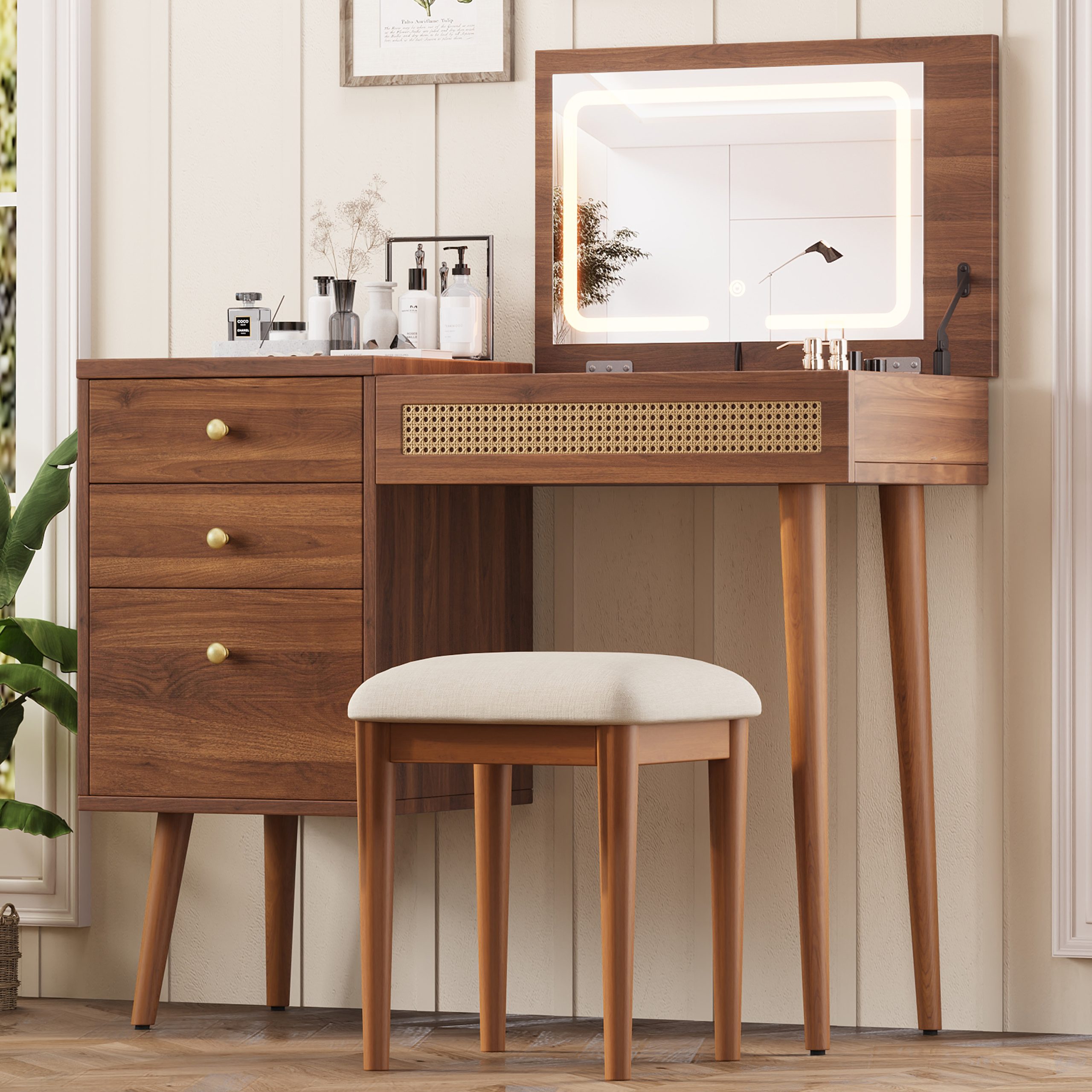 39″ Retro Bohemian Style Vanity, Vantiy Desk with Mirror and  LED Lights, Dressing Table with Flip-Top Tabletop, Vanity Desk with Storage 3 Drawers, 10 Compartments, Makeup Vanity Set for Home, Walnut