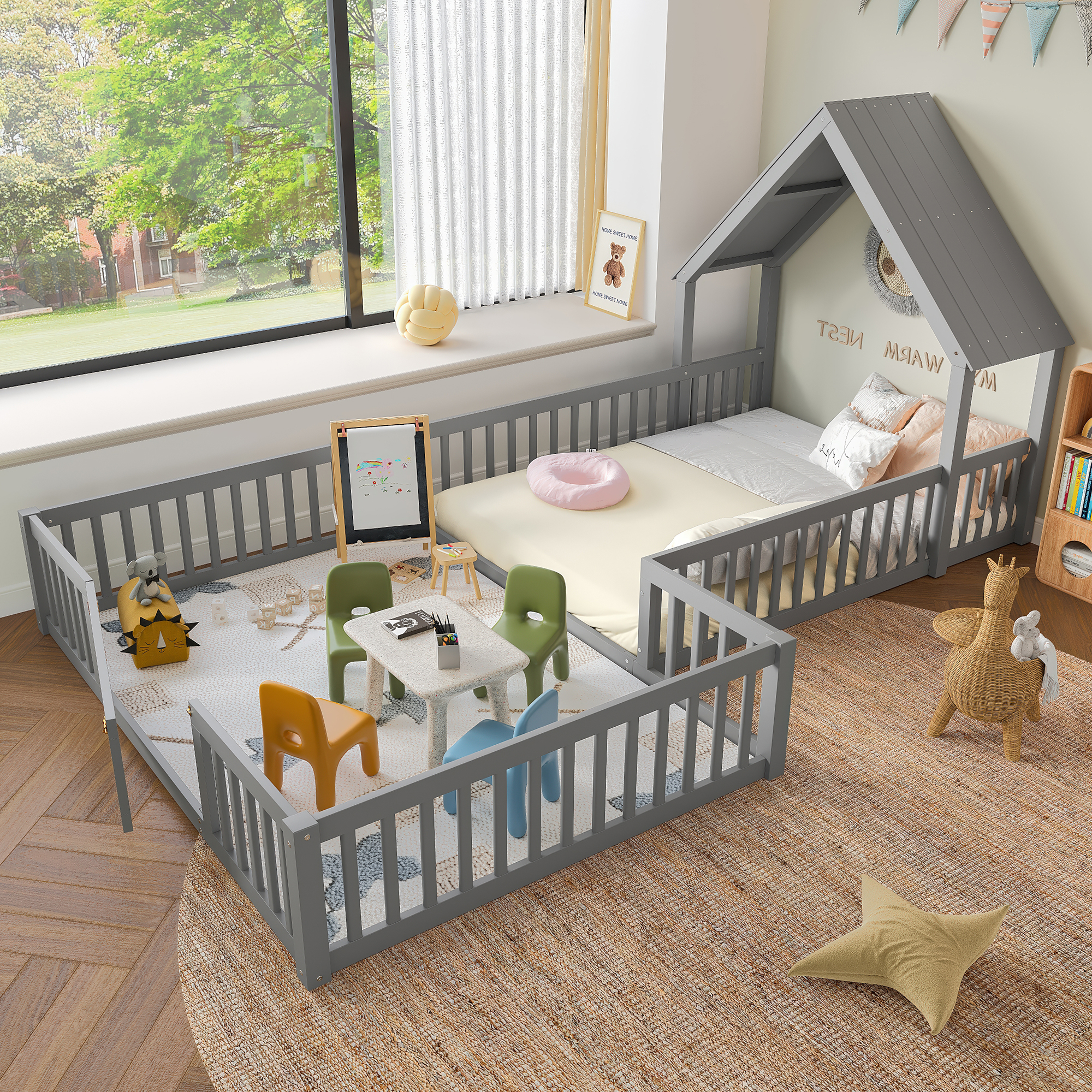 Full Size House Floor Bed, Double Full Floor Bed with Door and Full-length Guardrails, Multi-function Design, Grey