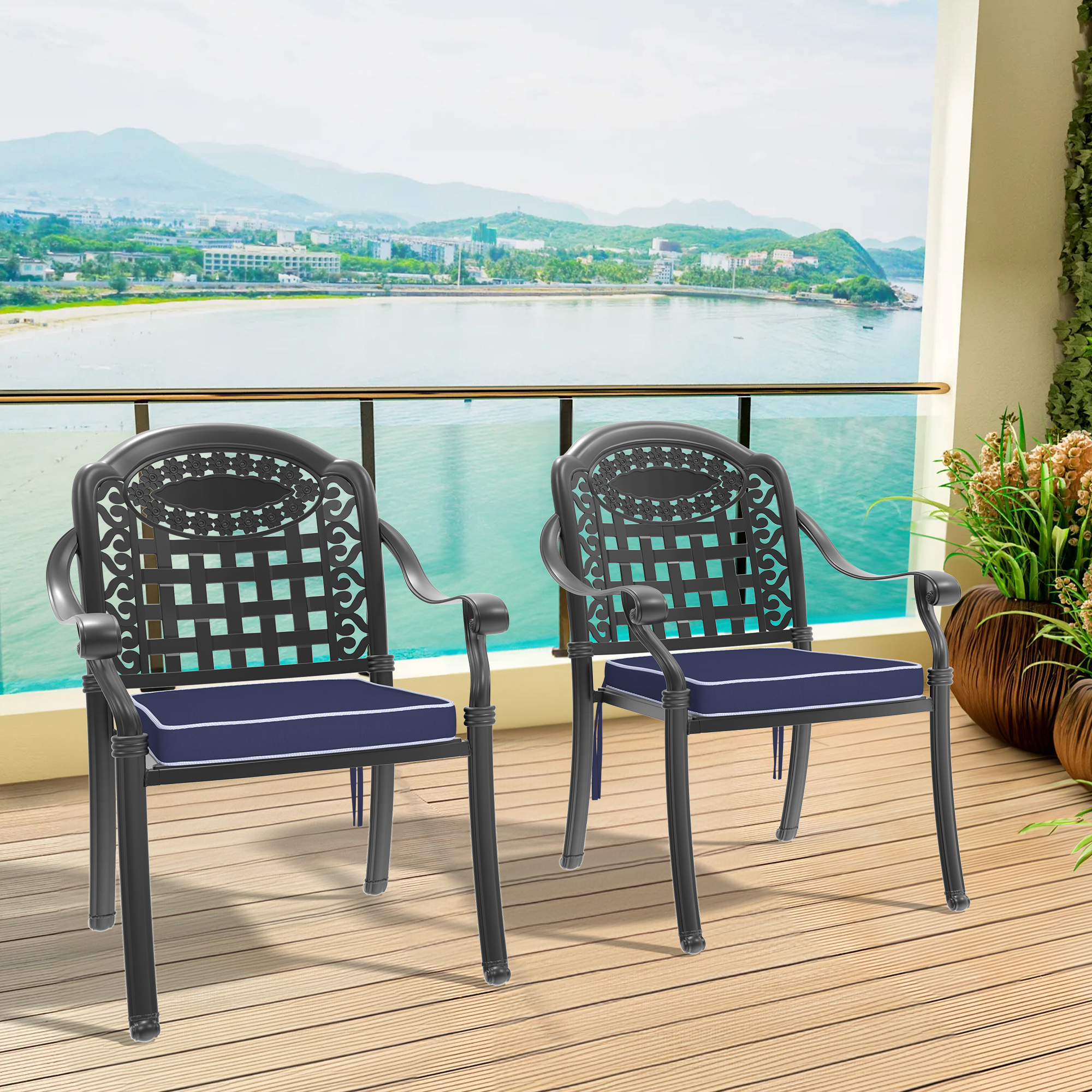 Cast Aluminum Patio Dining Chair 2PCS With Black Frame and Blue Cushions
