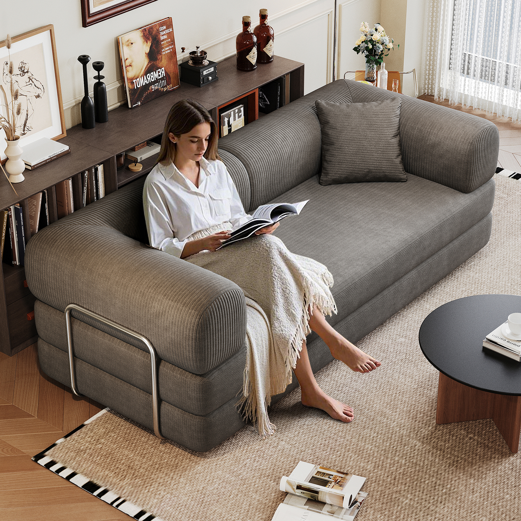 78.8″ Compression Sofa,Convertible Floor Sofa Bed-with Pillow Back Support Armrest,Comfy Futon Couch Sleeper Bed,Loveseats Boneless Modular Sectional Sofa,Corduroy fabric,for Living Room,Bedroom,Grey