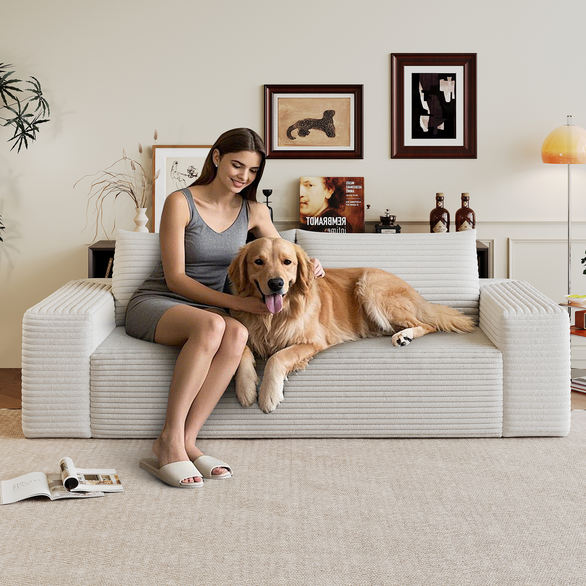 63″ 2Setaser Sofa,Corduroy Fabric,Deep Seat Couches,Comfy Loveseat Sofa,No Assembly,1pcs for Living room, Bedroom,Conference room ,Apartment,White