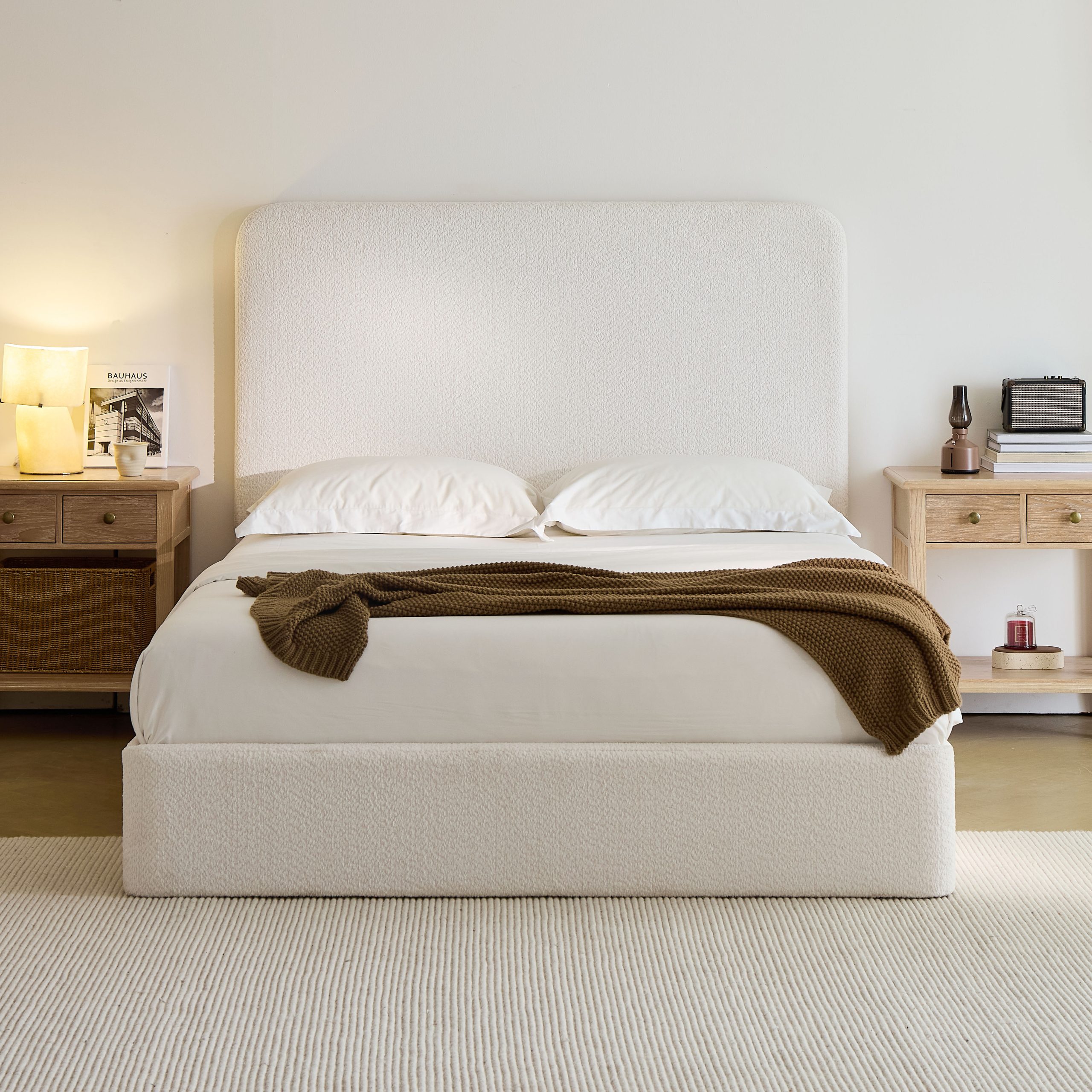 Canter Tall Headboard Upholstered Bed / 52″ High Headboard / Elegant Simplicity / No Box Spring Needed / Easy Assembly / King  /  Pearl White Chenille