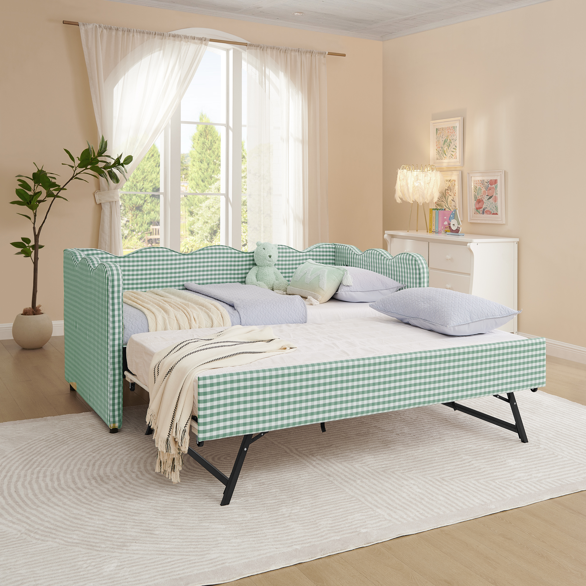 Cozy Gingham Daybed with Trundle Twin Size Sofa Bed No Box Spring Needed, with USB Port and Adorable Wave Shaped, Linen Fabric