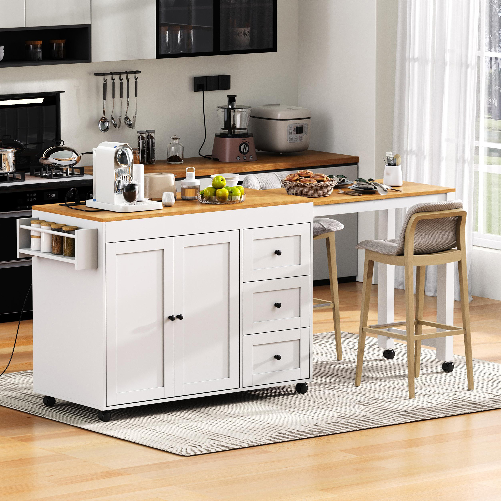 K&K 74.8″ Kitchen Island with Extendable Dining Table, Kitchen Storage Cart with 3 Drawers, Power Outlet, Rolling Kitchen Island on Wheels with Spice Rack and 2 Door Cabinet, for Kitchen, White