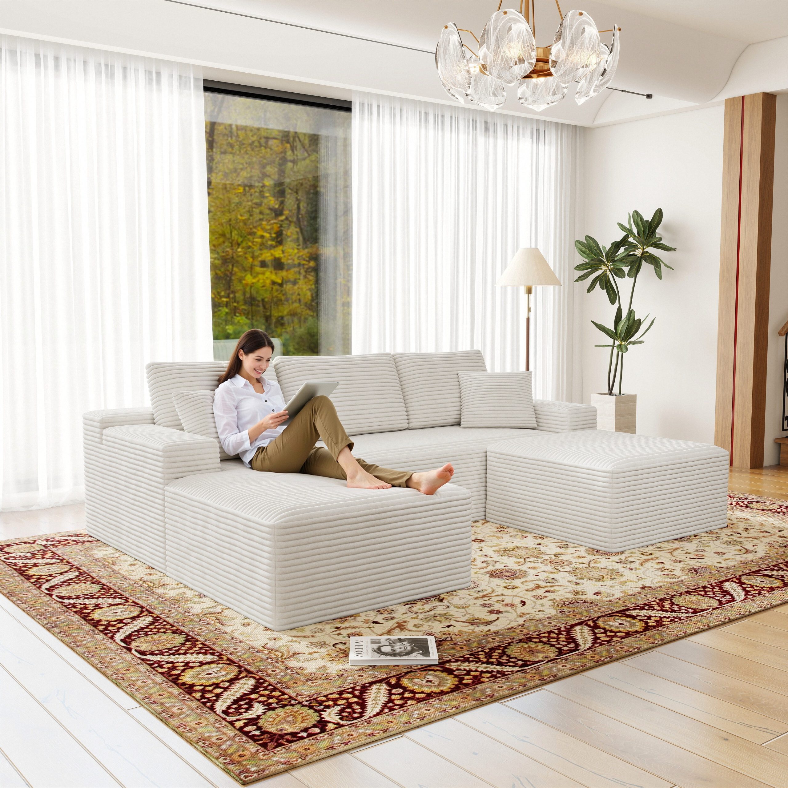 104.3*70.8″Modular sectional sofa seat,Upholstered compressed couch for living room,Bedroom,Apartment,No assembly required,3 PC free combination,Plush corduroy fabric,WHITE