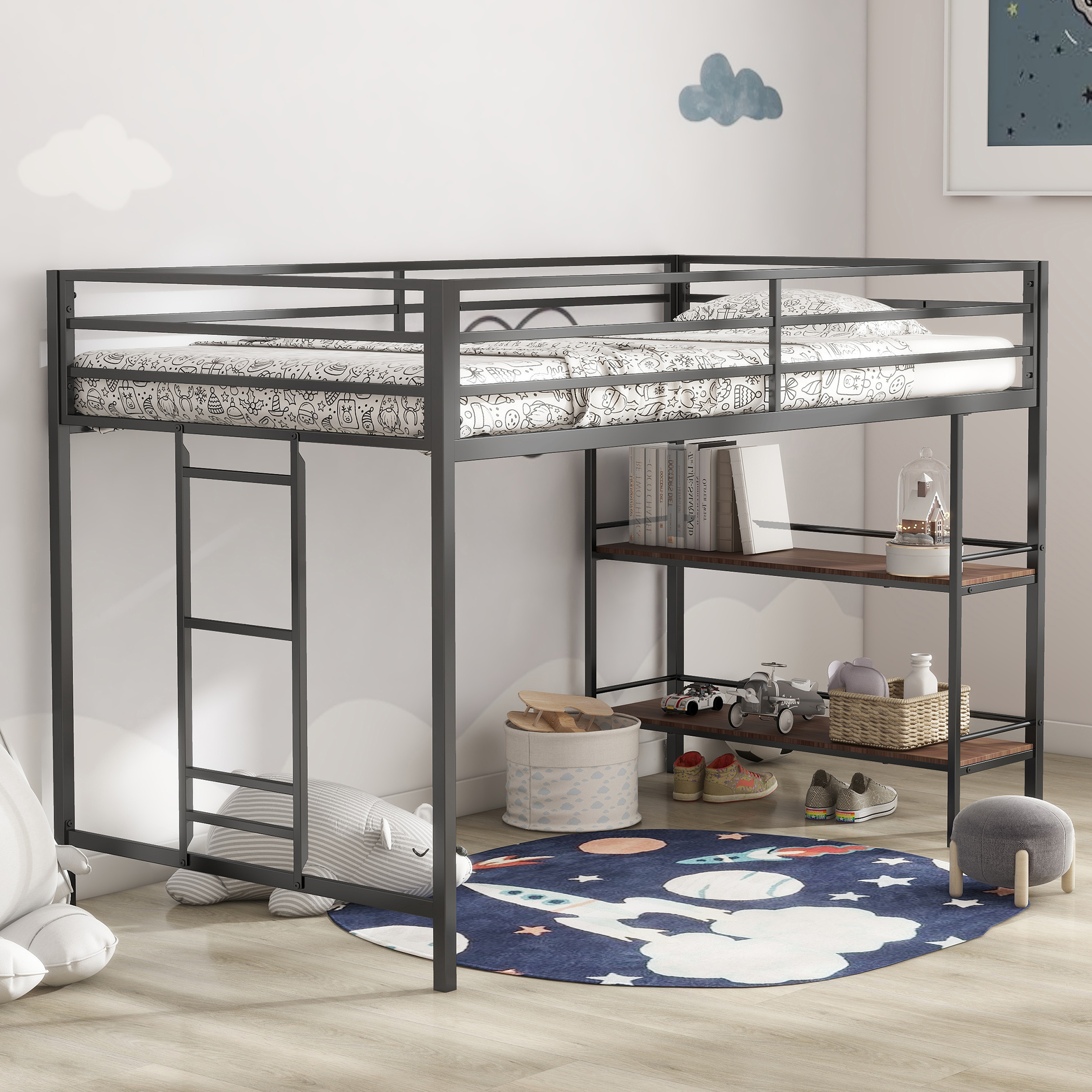 Adam sturdy junior twin loft bed black with Cinnamon wood shelf for kids, space saving, Loft Bed with easy climbing Ladder and Guardrails, Loft Bed Frame for Bedroom