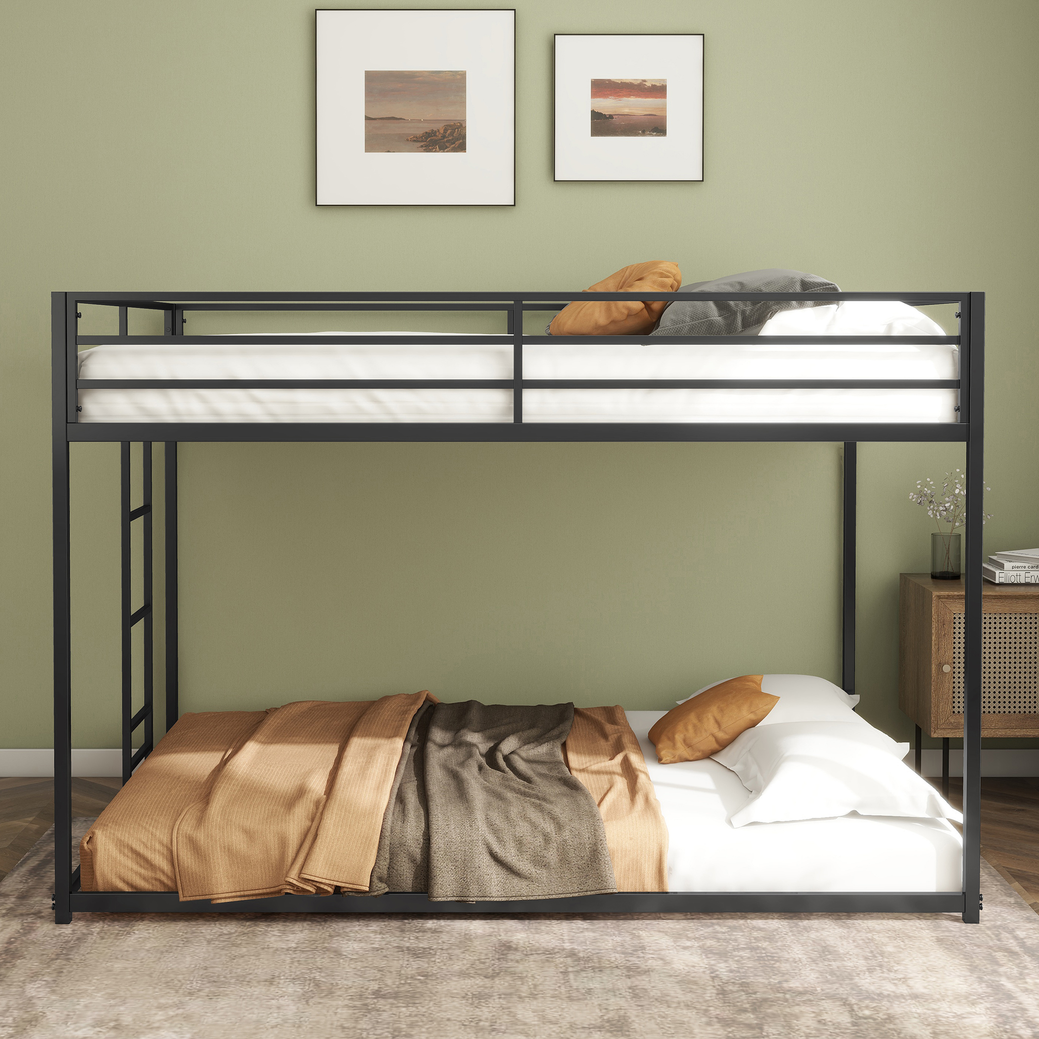 Adam Sturdy Full over Full Bunk Bed Metal Black for Kids and Adult, Low Profile Full over full bunk bed with Ladder and Guardrails, Easy Climbing, Beds for Bedroom