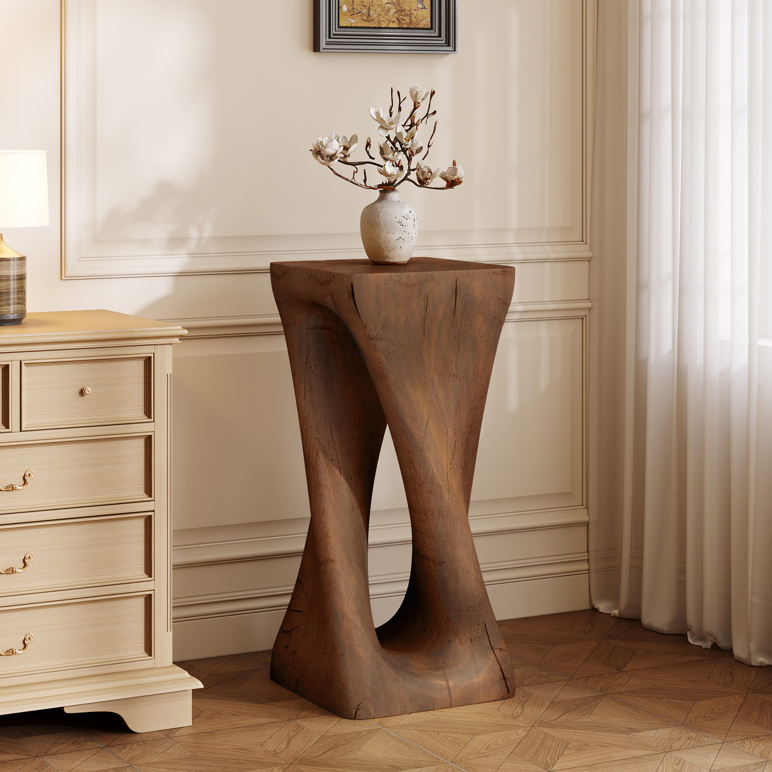Outdoor Side Table,Twist Shape End Table,Decorative Accent Table,Garden Stool Table for Patio Balcony Beach Pool Side,Lightweight Concrete,Wood Like Texture,Antique brown Color