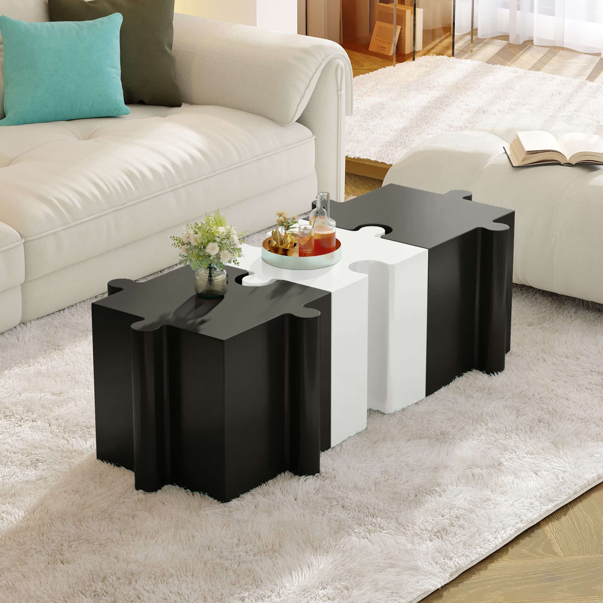3-Piece Artistic Puzzle Table Set,Modular MGO Side Tables with Interlocking Design (2 Convex & 1 Concave), 200lb Capacity for Indoor & Outdoor,Black & White Color