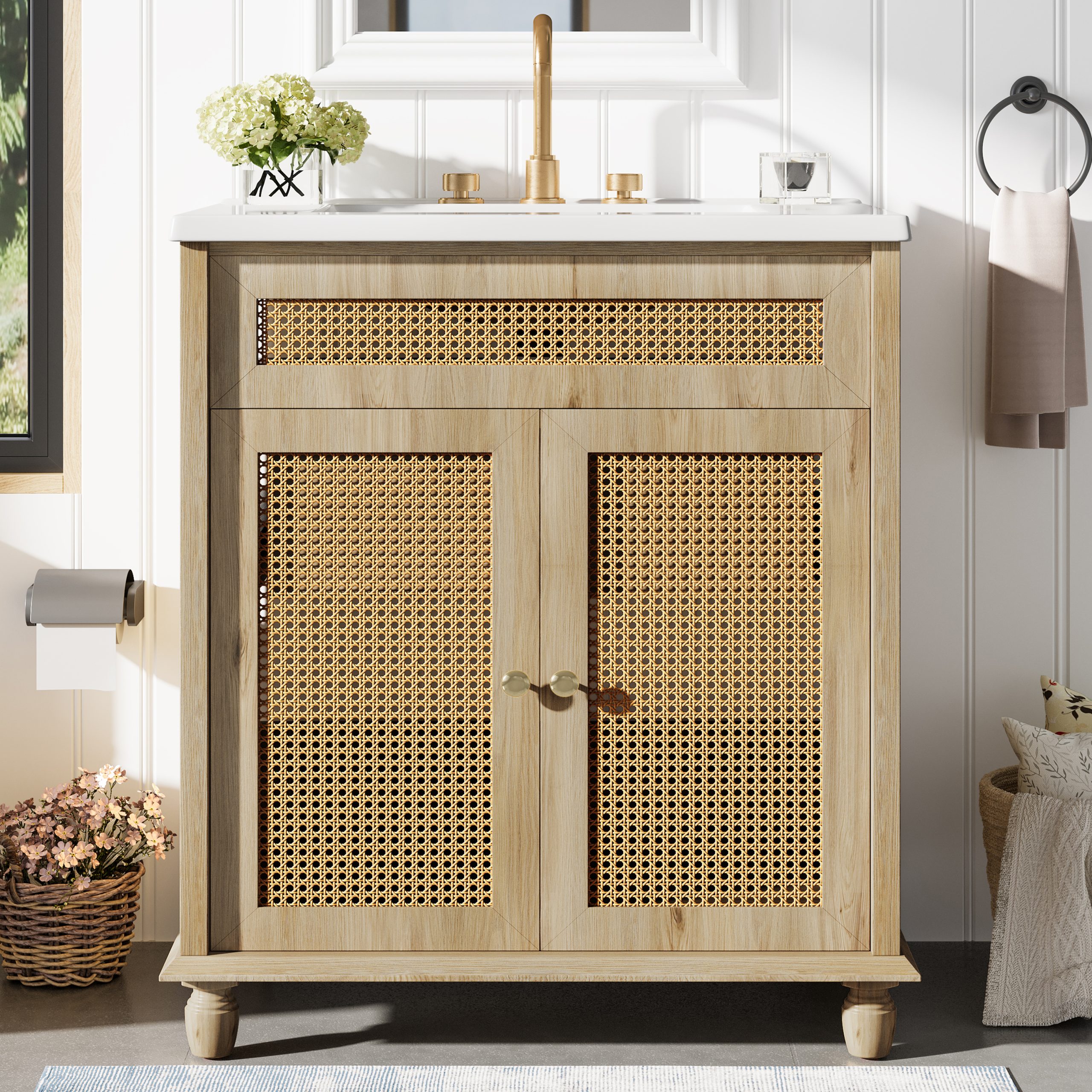 30-Inch Bathroom Vanity: Handwoven Rattan Doors, Solid Wood Legs & Resin Basin