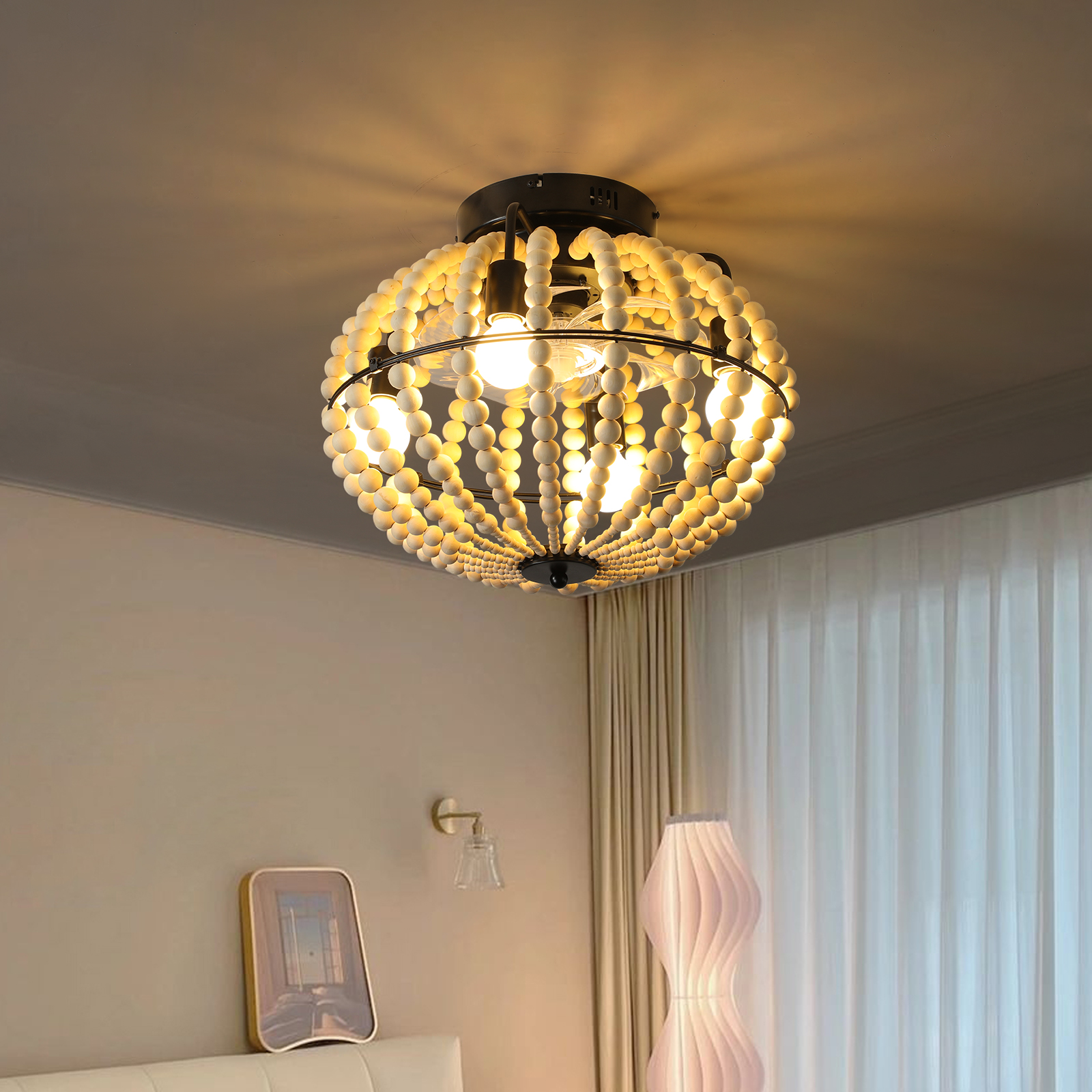 18″ Bohemian Wood Beaded Ceiling Fan with Light, Flush Mount Caged Ceiling Fan, Rustic Farmhouse Low Profile Fan Light Fixture for Indoor Home Decor (Silent/6-Speed/Reversible/DC Motor) (No Bulbs)