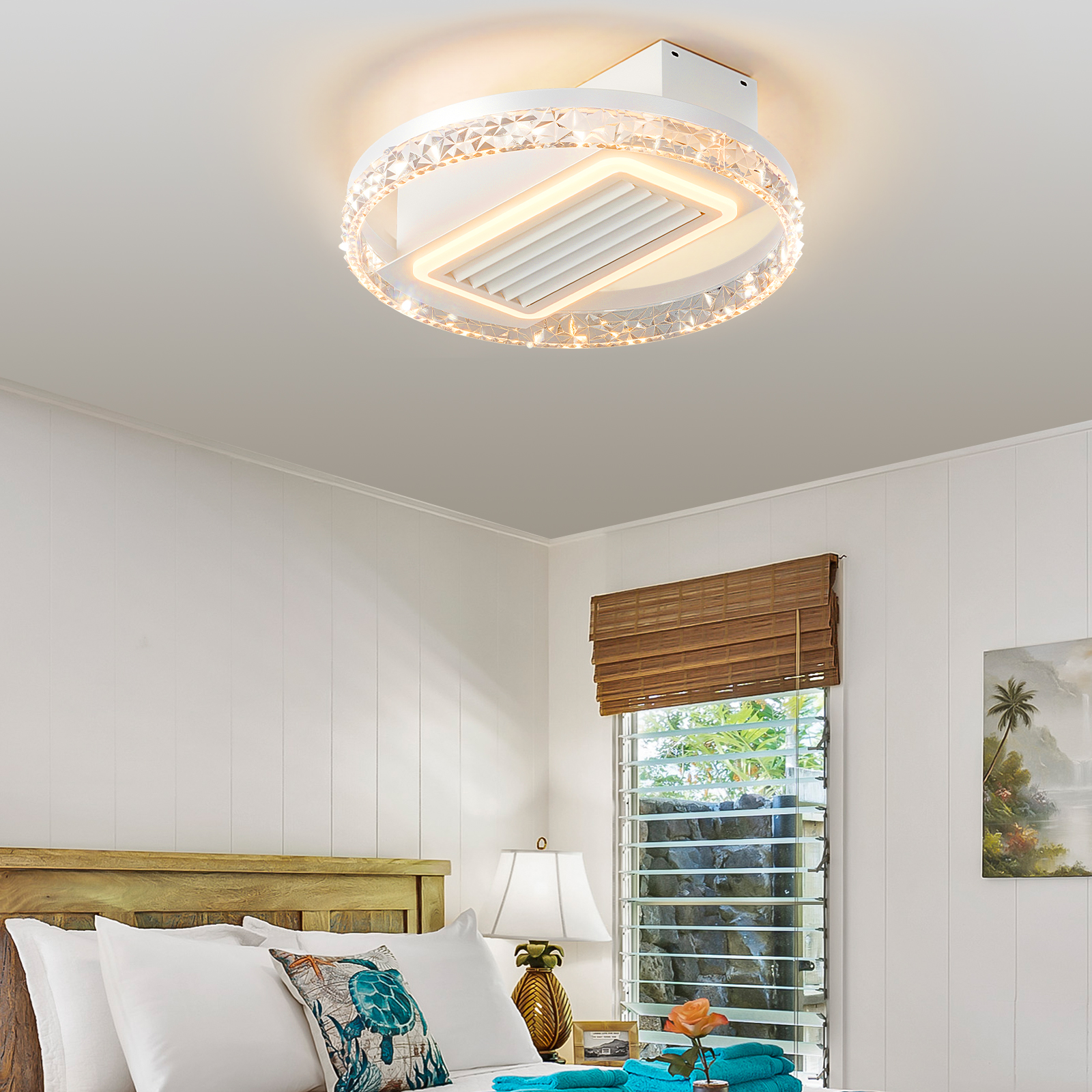 20″ LED Bladeless Ceiling Fan Light with Remote Control – Modern Flush Mount Ceiling Lamp with Air Circulation and Adjustable Brightness for Living Room, Dining Room, or Bedroom