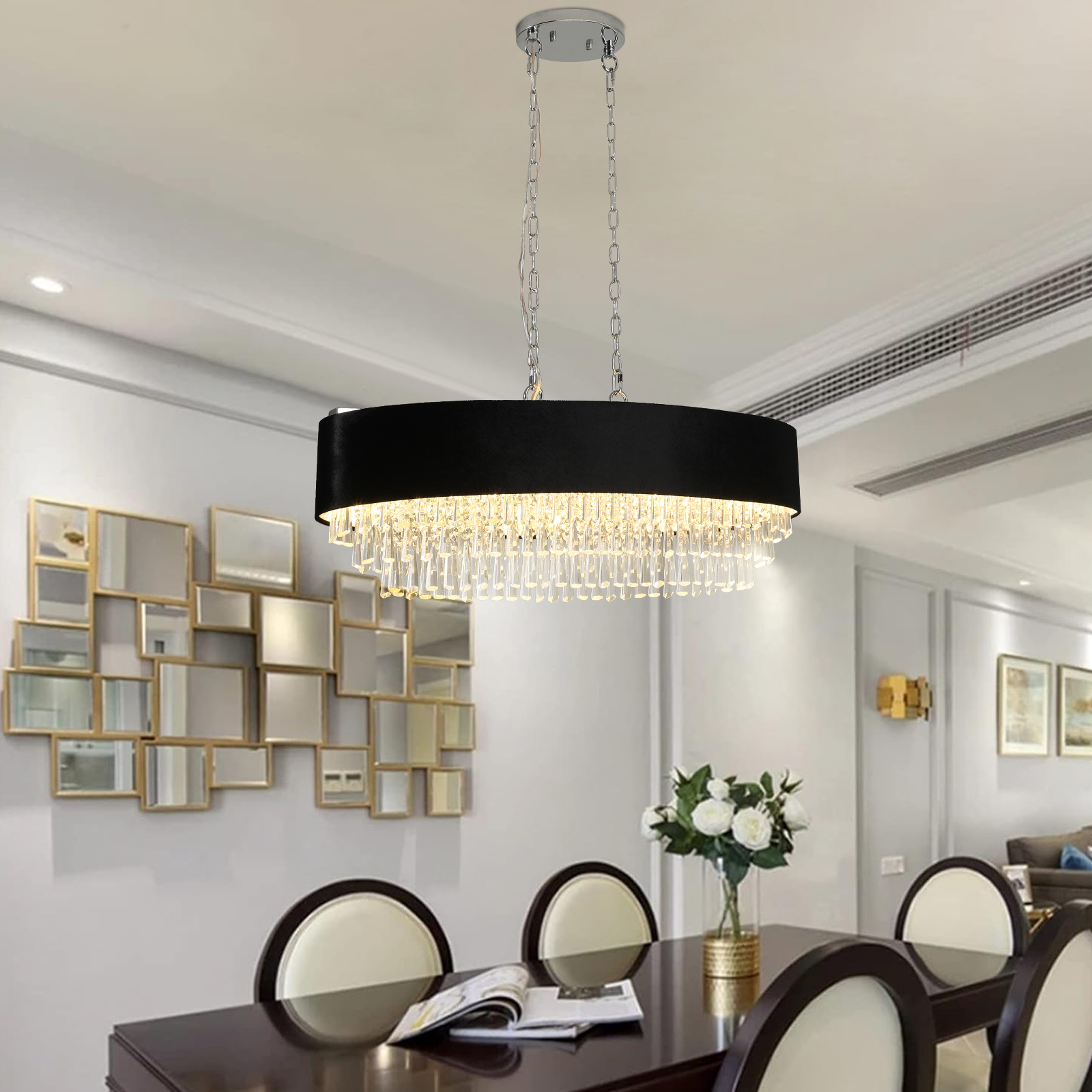 39″ Modern Crystal Chandelier with Black Imitation Velvet Anti-Glare Shade, Adjustable Height, 8-Light G9 Base for Dining Room, Living Room, or Bedroom (Bulb Not Included)