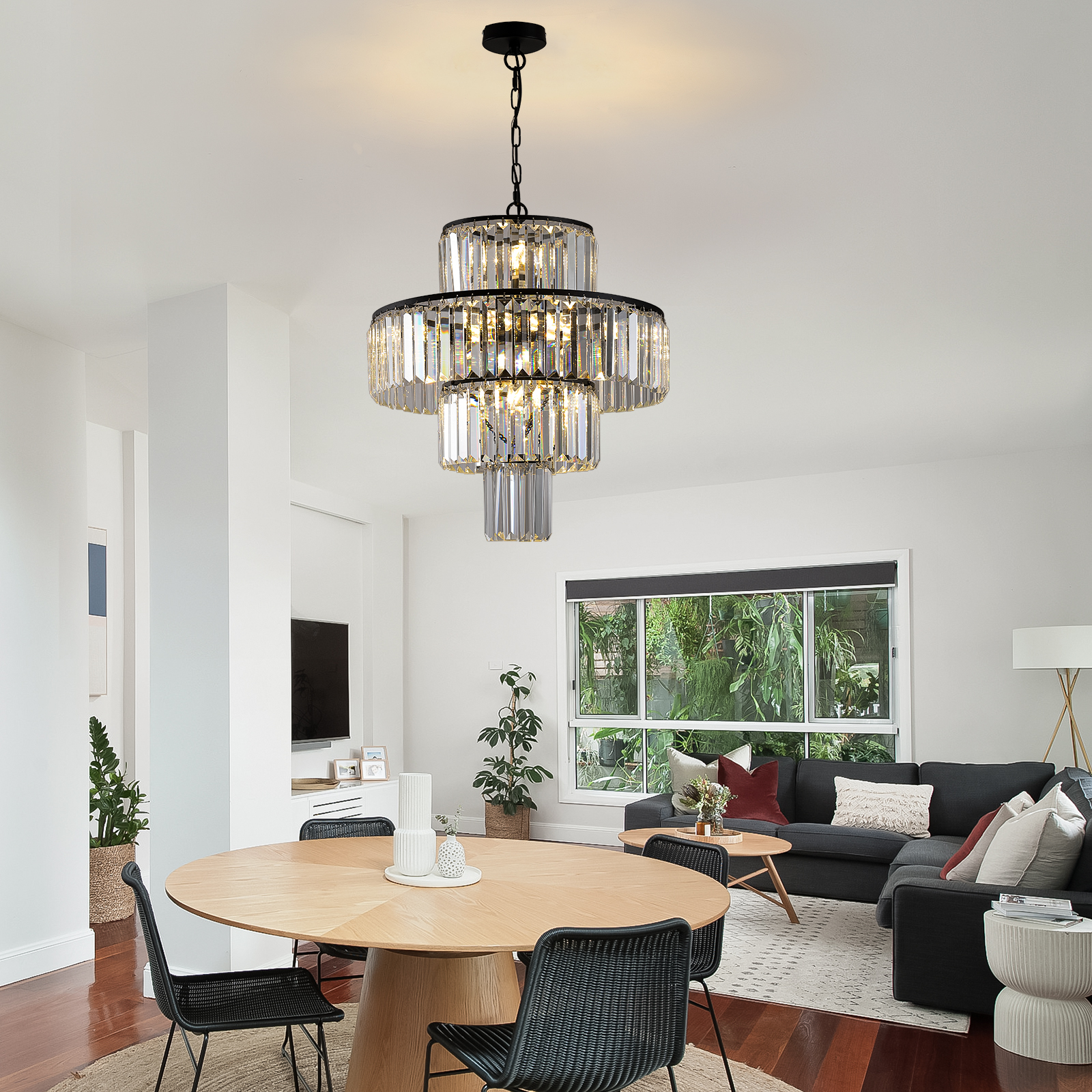 20″ Modern Crystal Chandelier with Black Finish, 4-Tier Design for Dining Room or Living Room, Elegant Crystal Pendant Light Fixture (Bulb Not Included)