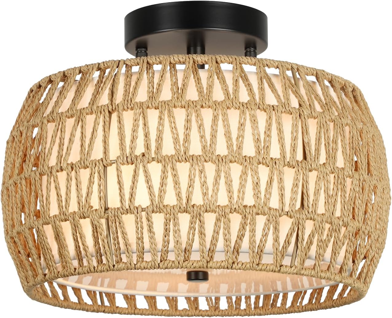 Boho Light Fixtures Ceiling Mount, Rattan Semi Flush Mount Ceiling Light, Farmhouse Light Fixtures with Fabric Shades, Kitchen Close to Ceiling Light Fixtures for Living Room Bedroom Hallway