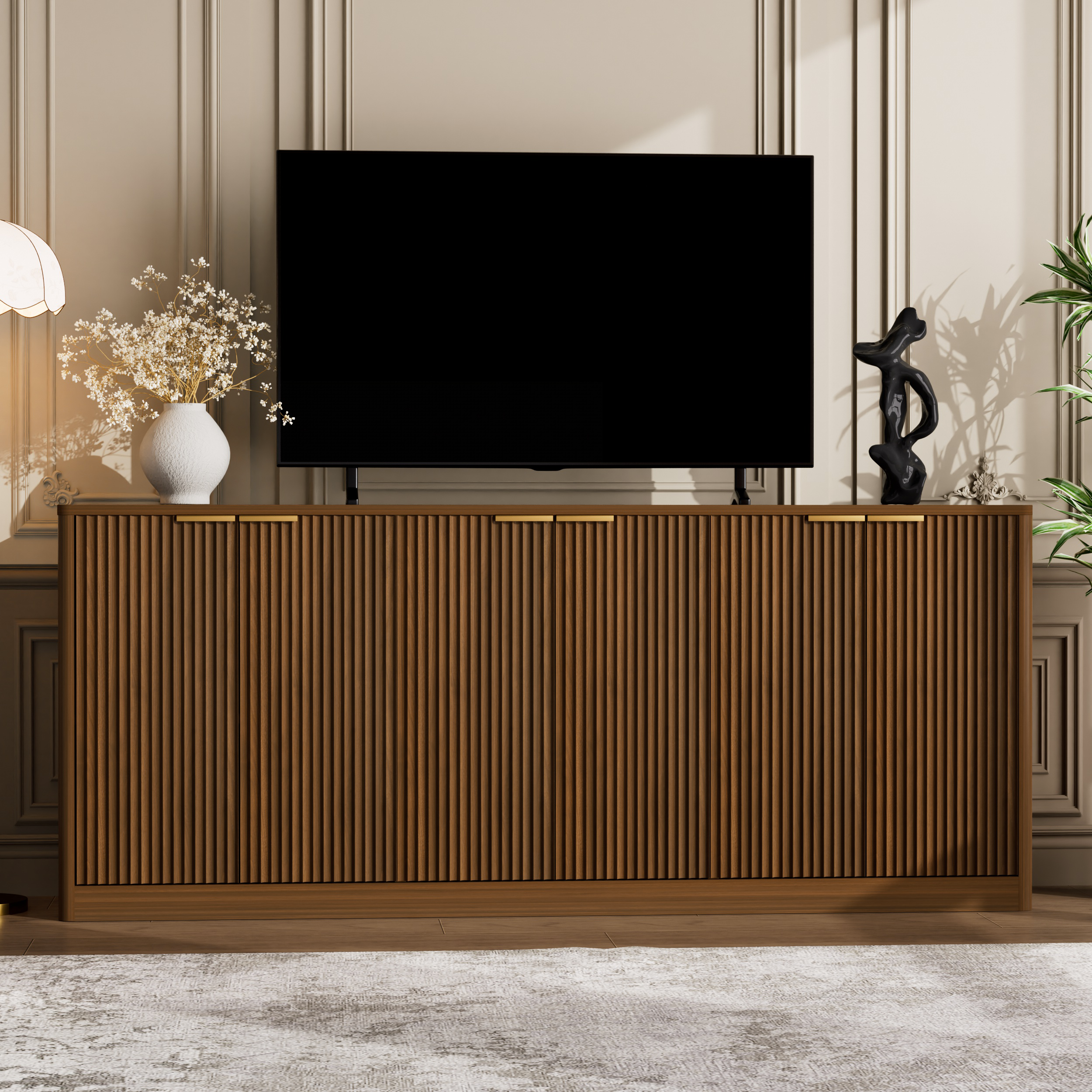 67-inch modern wavy sideboard, curved contour design storage cabinet, 6-door cabinet with storage function, suitable for kitchen / bedroom / living room, Walnut, 67.0″L x 15.7″W x 27.7″H