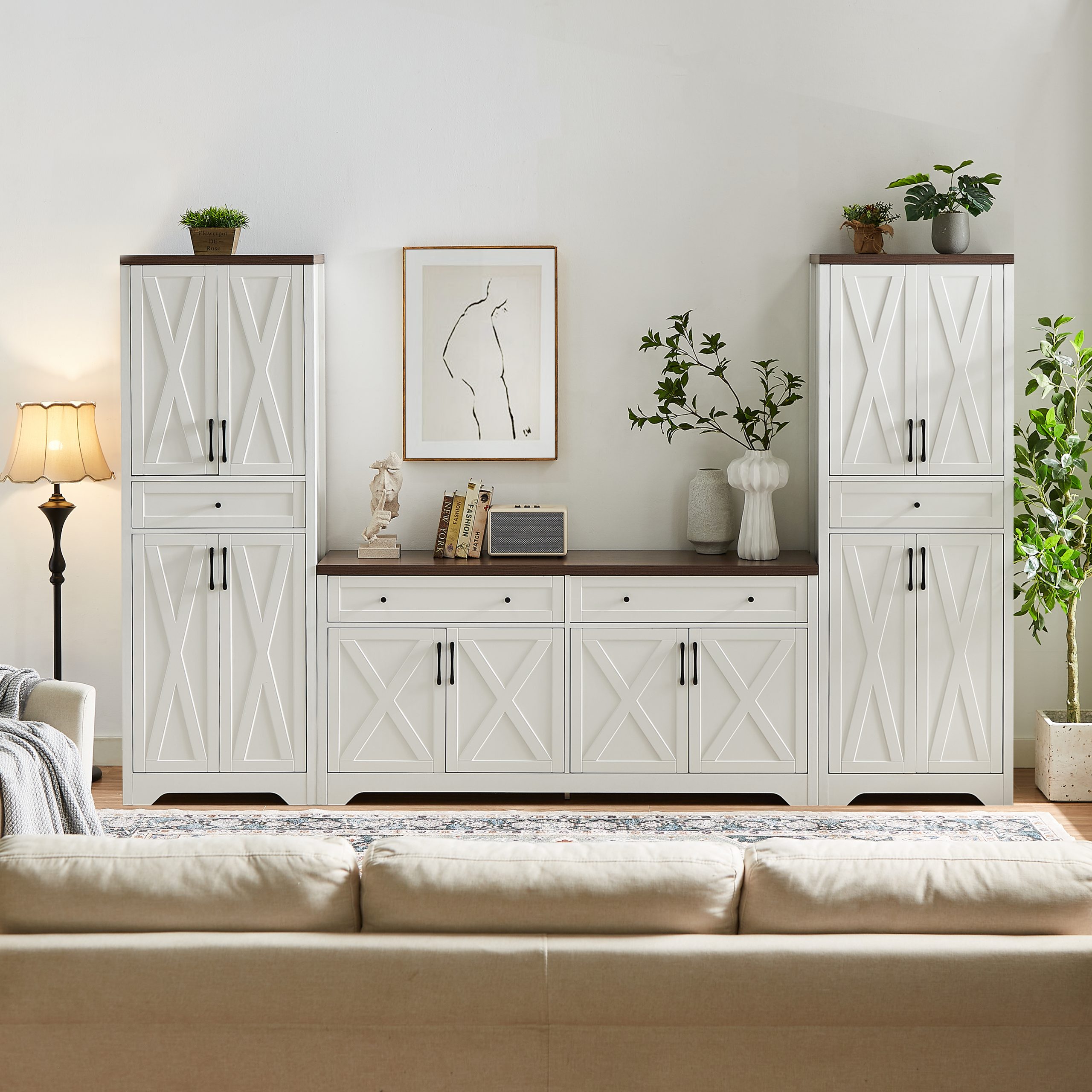 TV Cabinet Set Multifunctional TV Wall, One TV Cabinet and Two Sideboards for Living Room, 108.7”L x 15”W x 68”H.