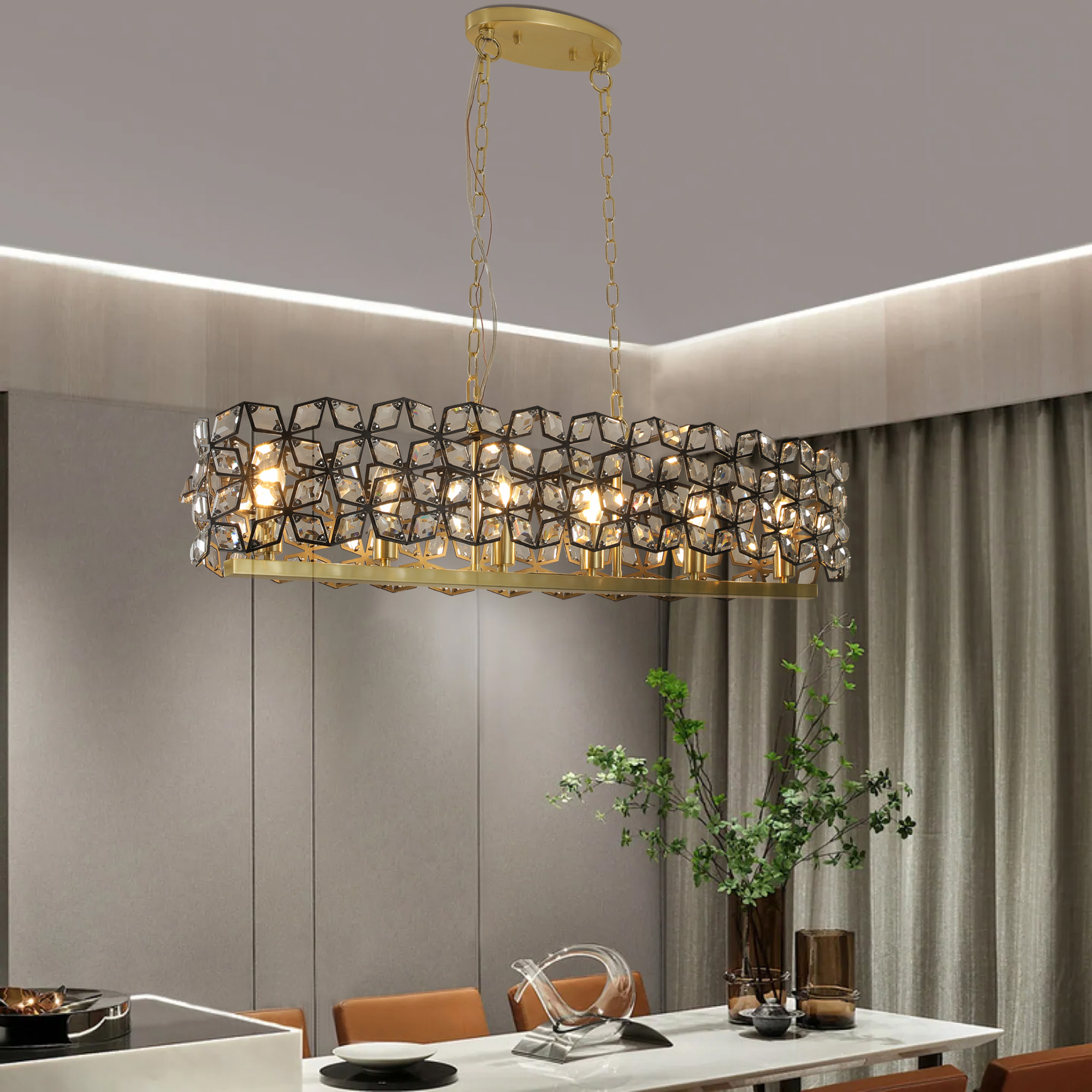 39″ Contemporary Crystal and BlackGold Pendant Chandelier – Geometric Modern Light Fixture for Dining Room, Kitchen, or Living Room (Bulb Not Included)