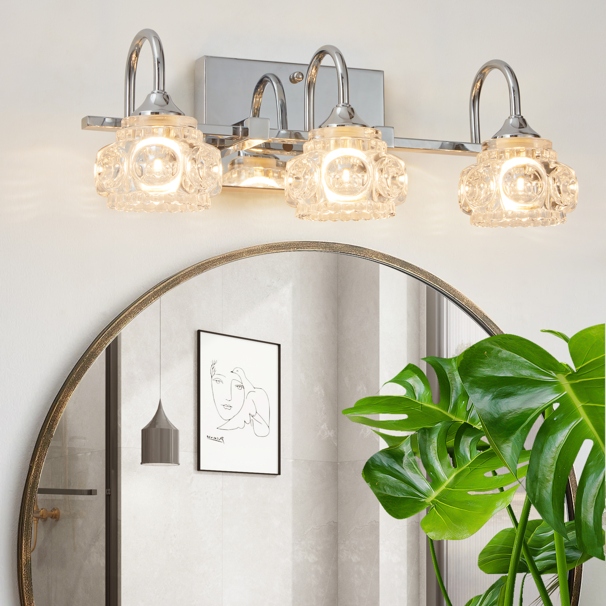 17″ Nickel Finish Vintage Crystal Glass Vanity Light – Elegant 3-Light Bathroom Mirror Fixture with Clear Glass Shades (No Bulbs)