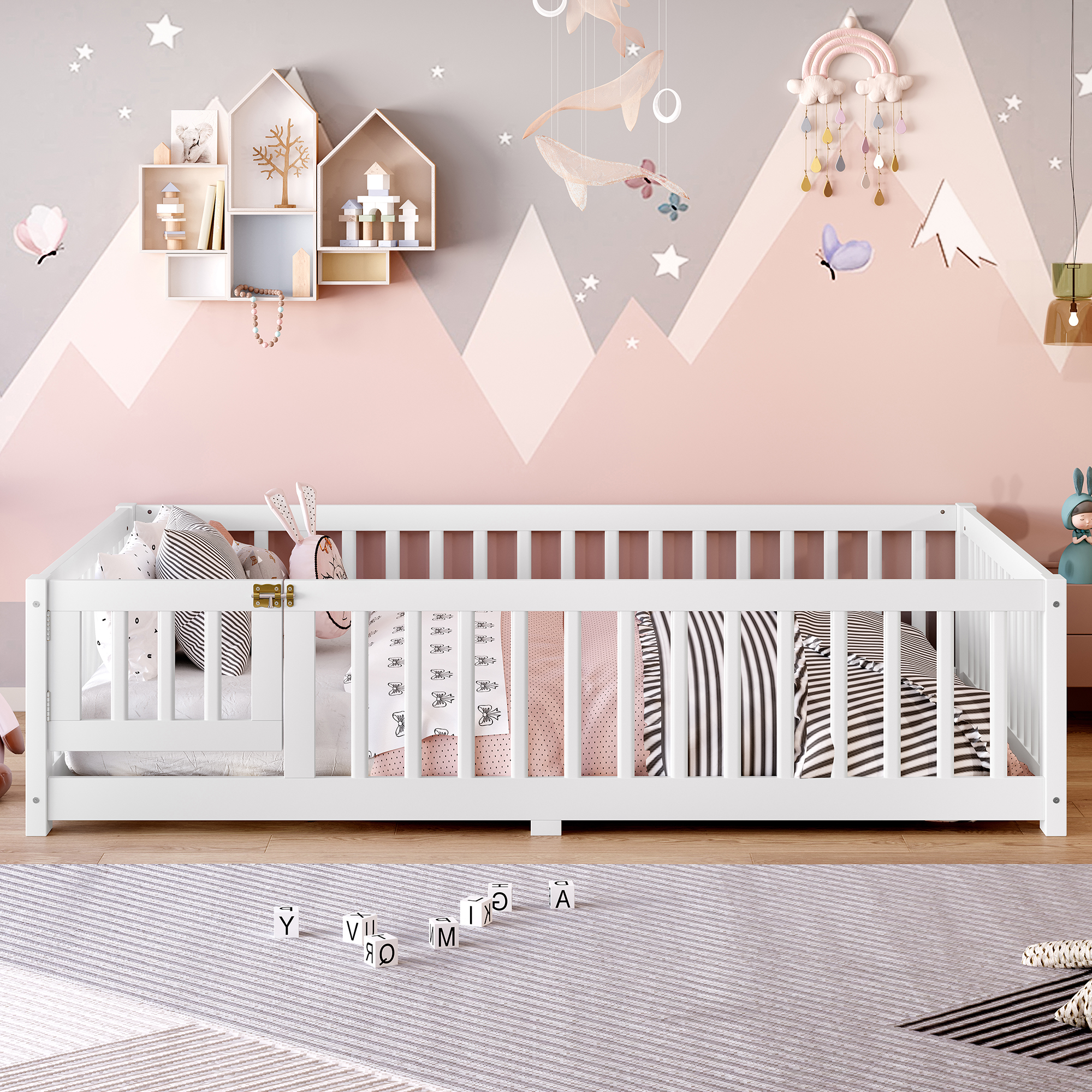 Full Size Bed Floor Bed with Safety Guardrails and Door for Kids, White(Old SKU: W1580P154625)