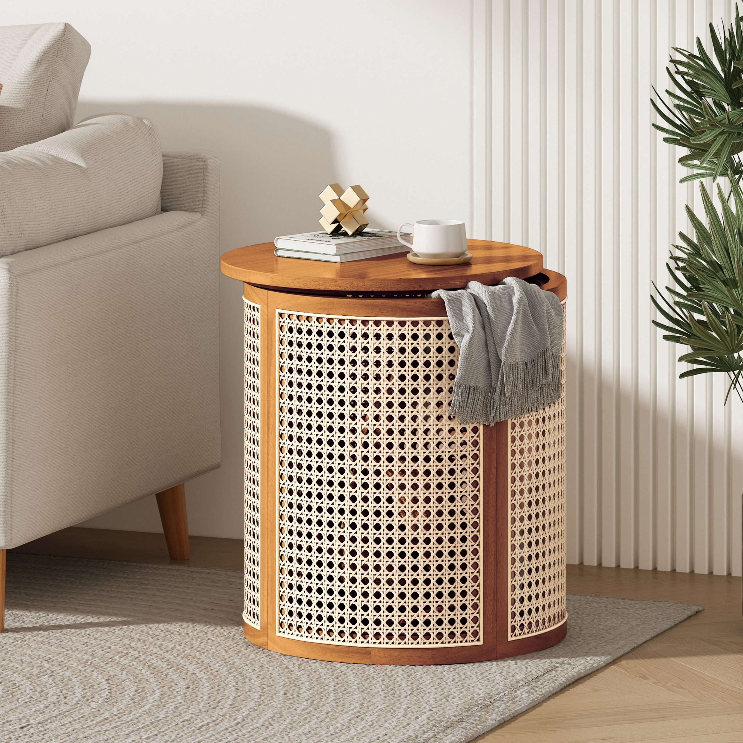 15.70″ Round End Table, Hollow Woven Side Table, Small Rubber Wood Nightstand, Rattan Woven Tea Desk, Round Wood Tabletop, Chic Home Decor Desk, Easy Assembly, Ochre Color