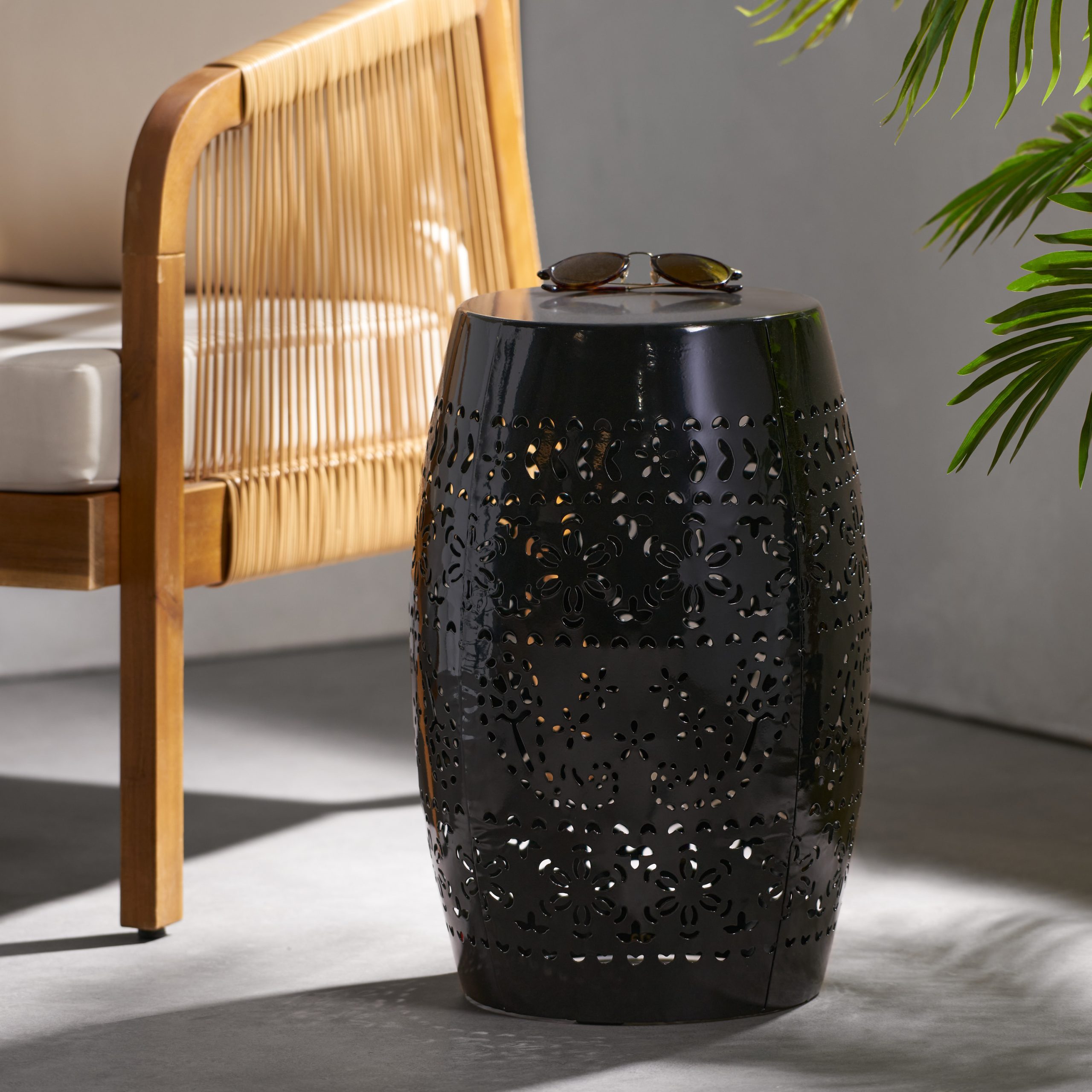 RUBY Side Table, Lace Cut Metal End Table for Outdoor & Indoor Use, Barrel Shape Accent Table with No Assembly Needed for Garden, Patio, Living Room, Backyard Decor,Black Color
