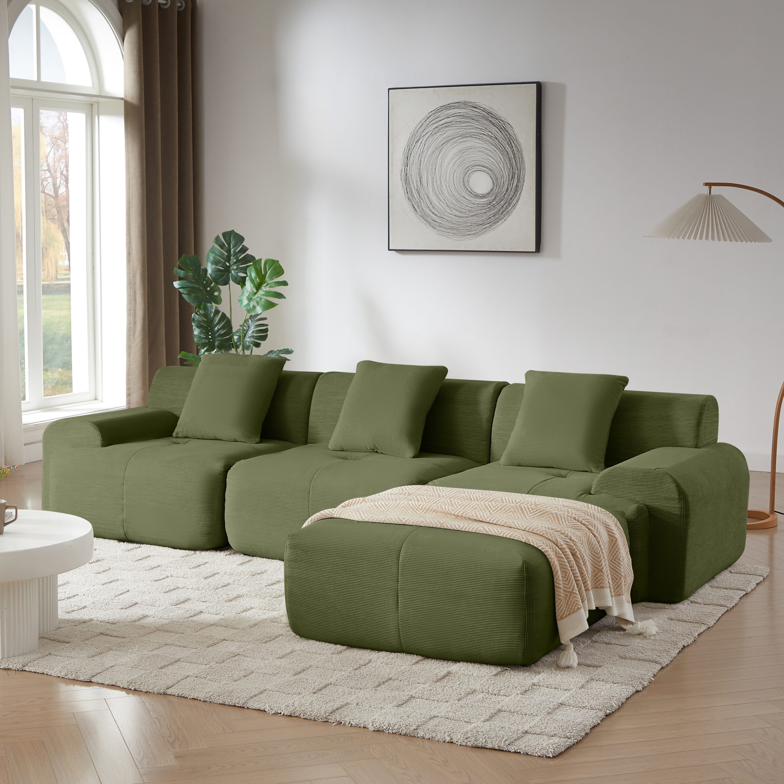 113″ Modern L-Shaped Modular Sectional Sofa for Living Room, Corduroy Upholstery Green, Oversized 3-Seater Couch with Deep Seat and Movable Ottoman – No Assembly