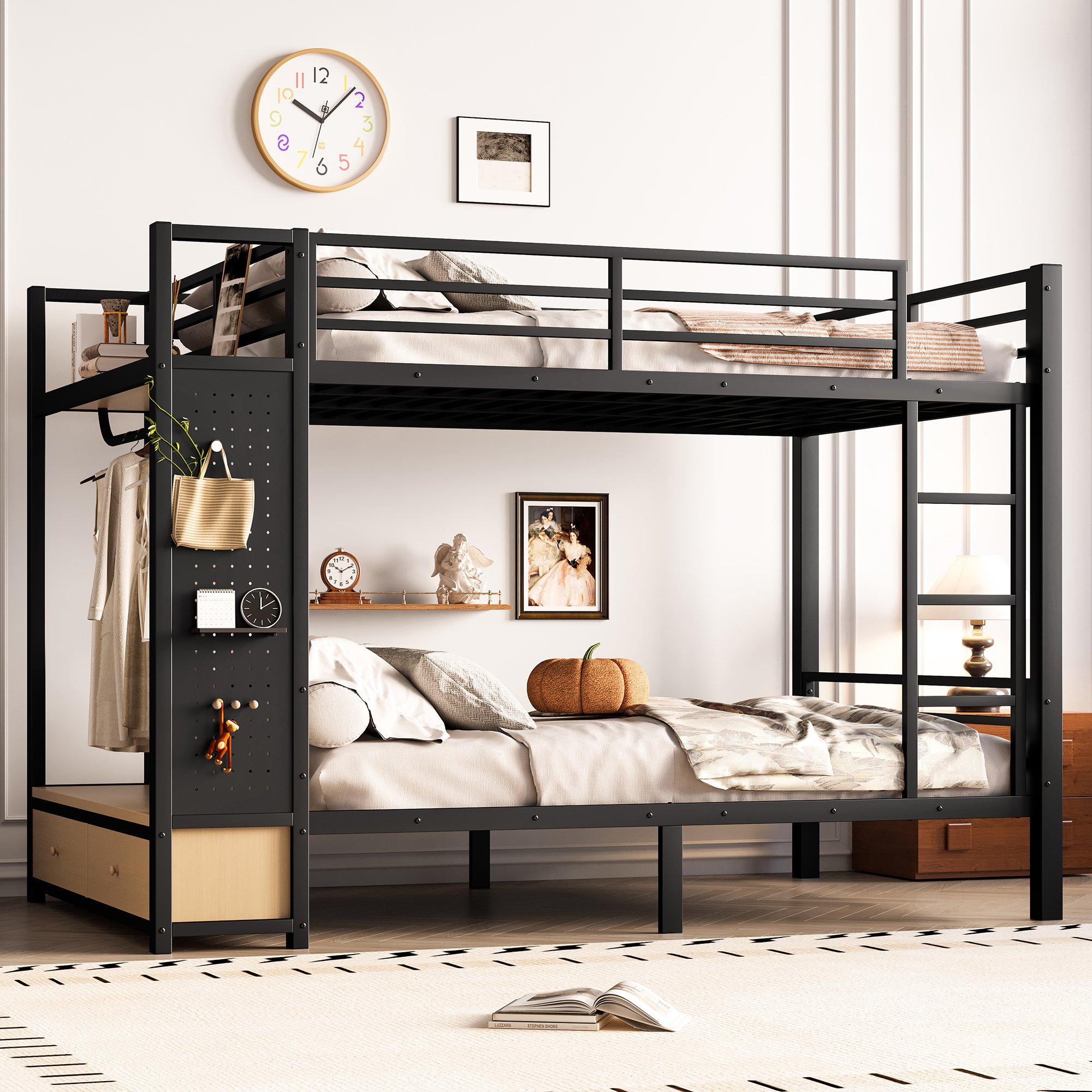 Full over Full size Metal Bunk Bed for Teens with Storage Shelves ,Drawers and Pegboard,Black