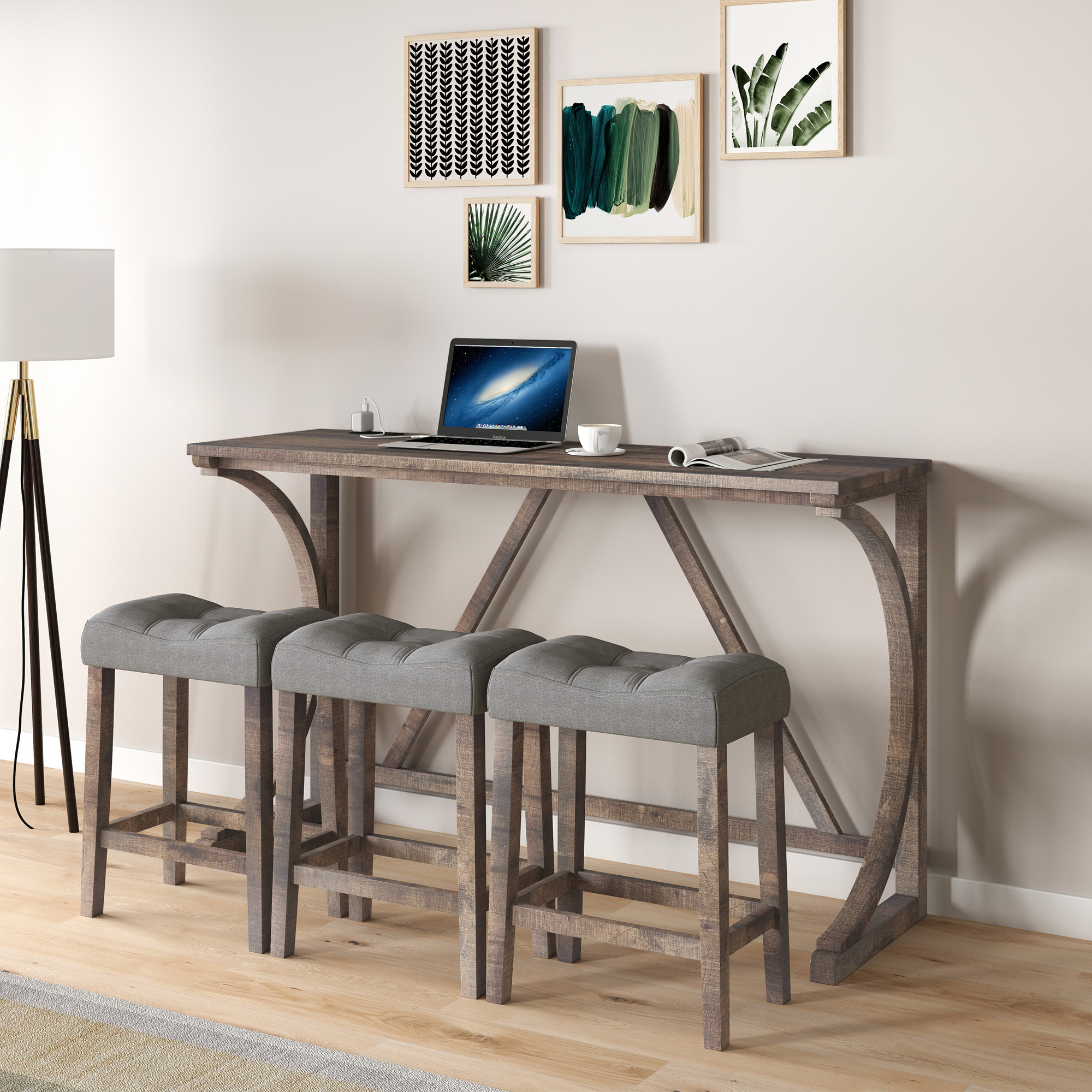 Bar Table Set with Power Outlet, Bar Table and Chairs Set, 4 Piece Dining Table Set, Industrial Breakfast Table Set, for Living Room, Dining Room, Game Room