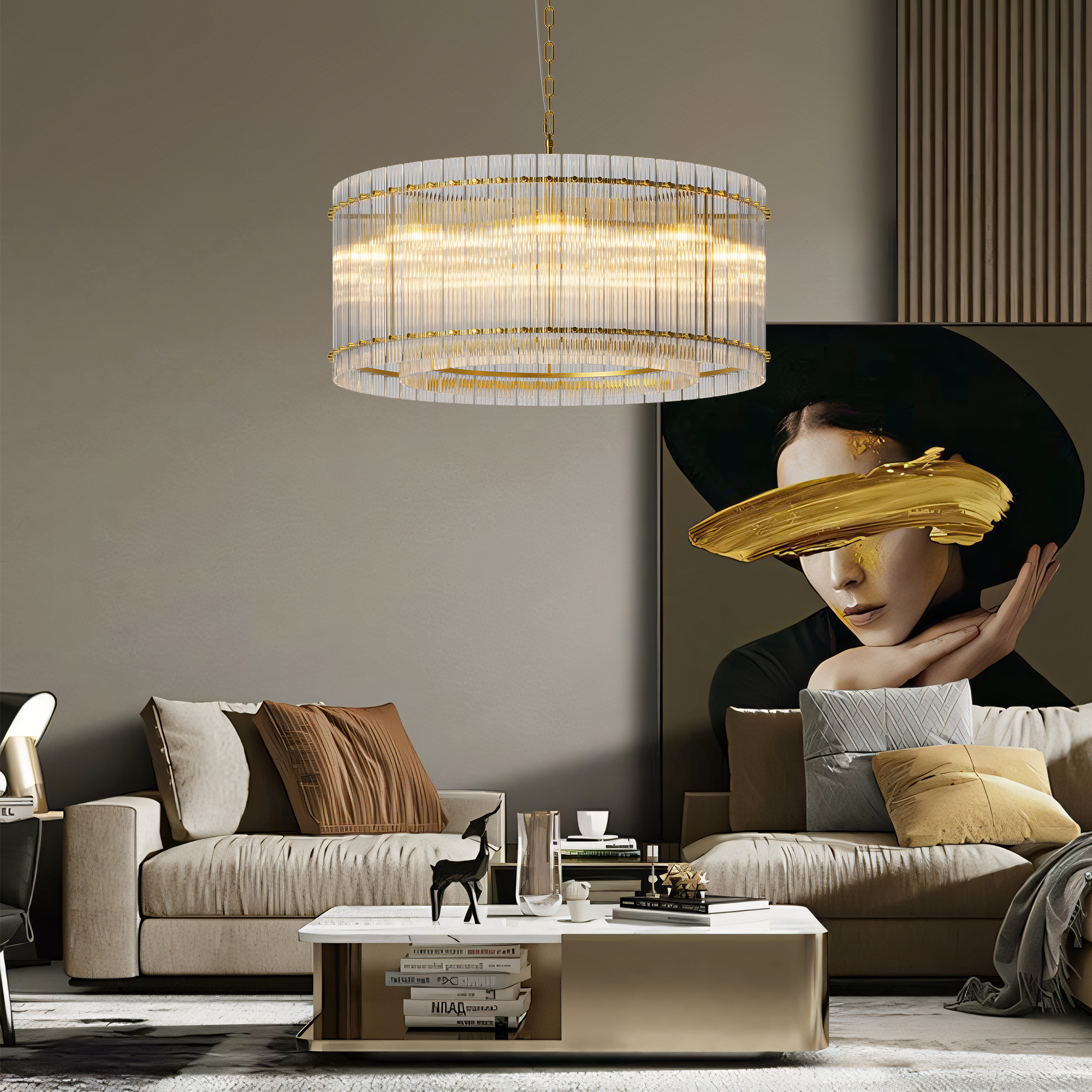 37″ Modern Gold Round Chandelier,2-Tier 8-Light Water Ripple Crystal Glass Chandeliers,for Dining Room,Living Room,Bedroom,High Ceiling,Foyer Entryway,Luxury Chandelier