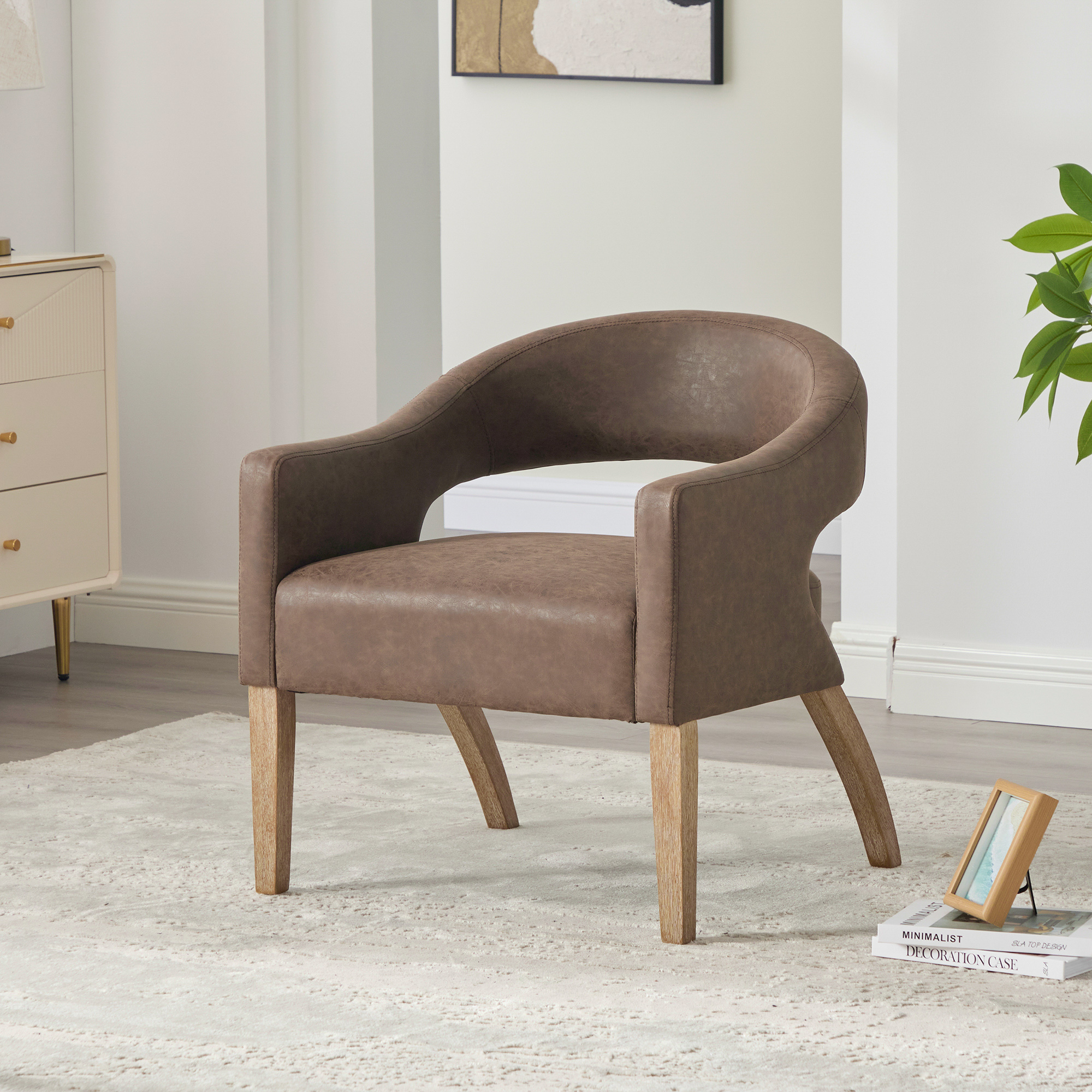 Modern Upholstered PU Open Back Accent Armchair Barrel Dining Chair with Weathered Rubberwood Legs, Hollow-Out Side Club Chair for Living Room Bedroom Restaurant Cafes Dining Room Reception,Coffee