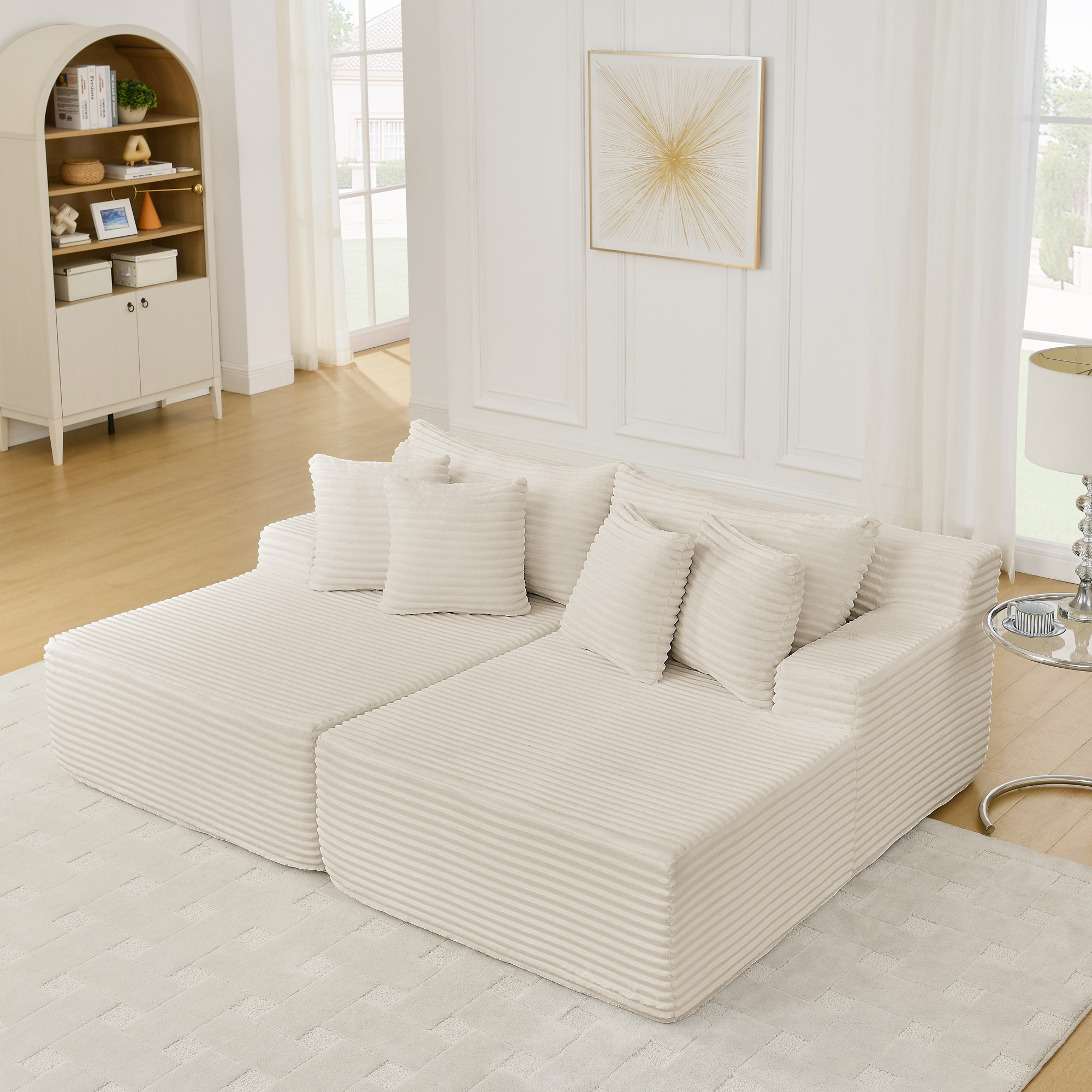 Two-seater lazy sofa lounge chair,Compressed sofa no assembly required, made of velvet fabric, fluffy modern lounge chair, used for indoor living rooms and bedrooms-Beige