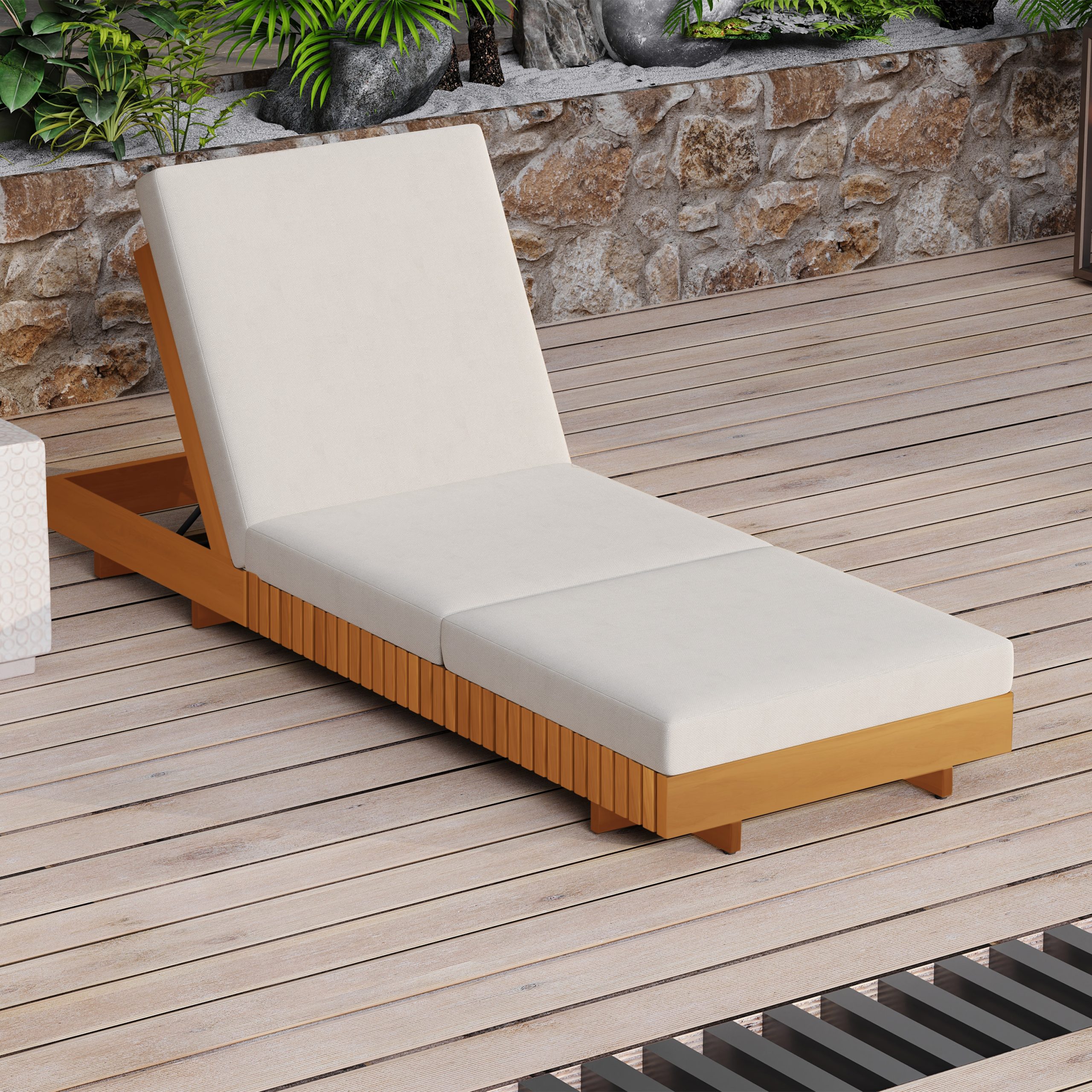 Lounge chaise Set, Acacia solid wood with Lounge Cushion (Cream+Triple Folds) – Matching Dark Grey Version Available
