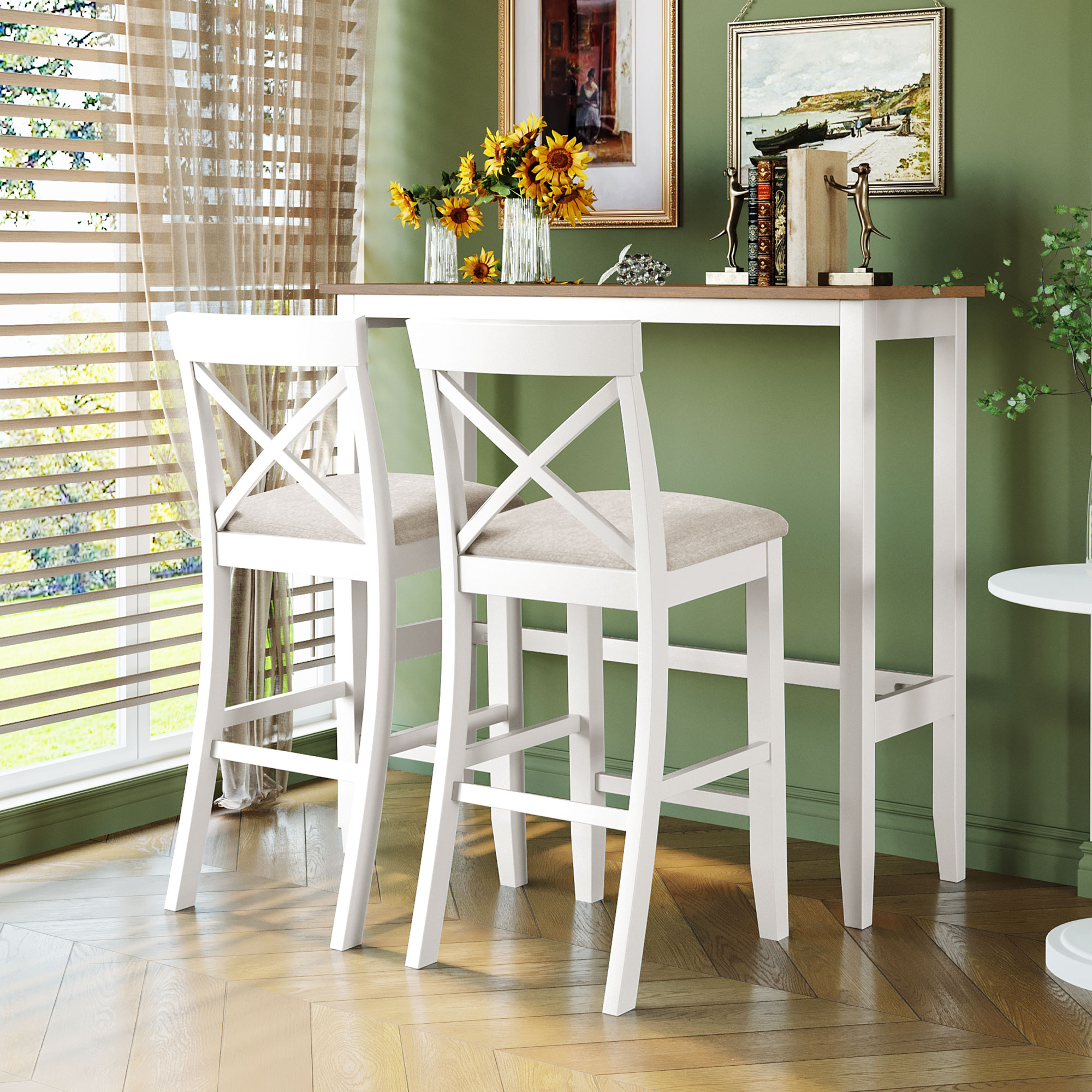 TOPMAX Farmhouse 48″Rectangular Wood Bar Height Dining Set Kitchen Breakfast Nook with 2 Chairs for Small Places,Brown+White+Beige
