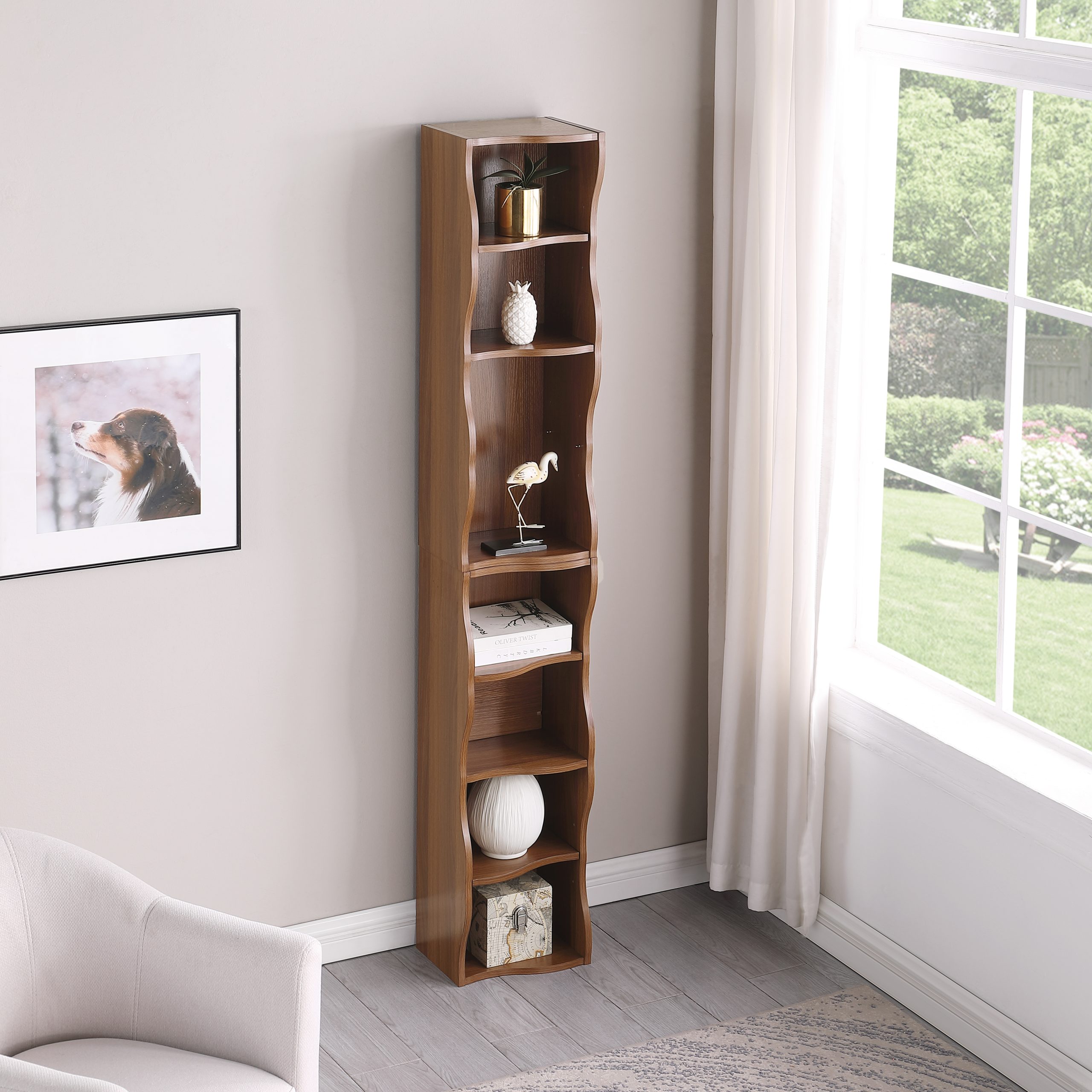 8-layer adjustable shelf ultra-thin bookshelf with a wavy border design, which is more aesthetically pleasing, is suitable for high and narrow, display and multi-functional bookshelves in home offices