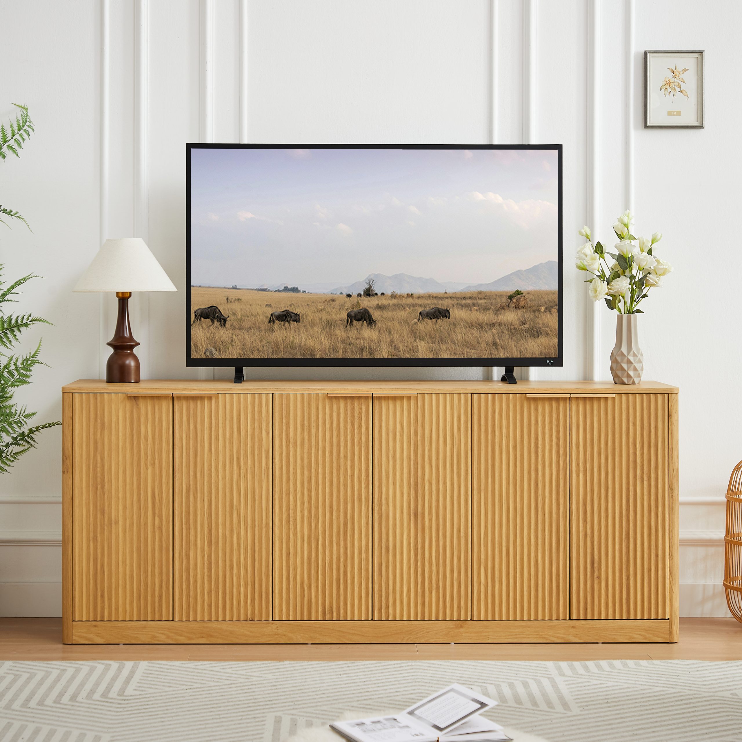67-inch modern wavy sideboard, curved contour design storage cabinet, 6-door cabinet with storage function, suitable for kitchen / bedroom / living room, Natural, 67.0″L x 15.7″W x 27.7″H