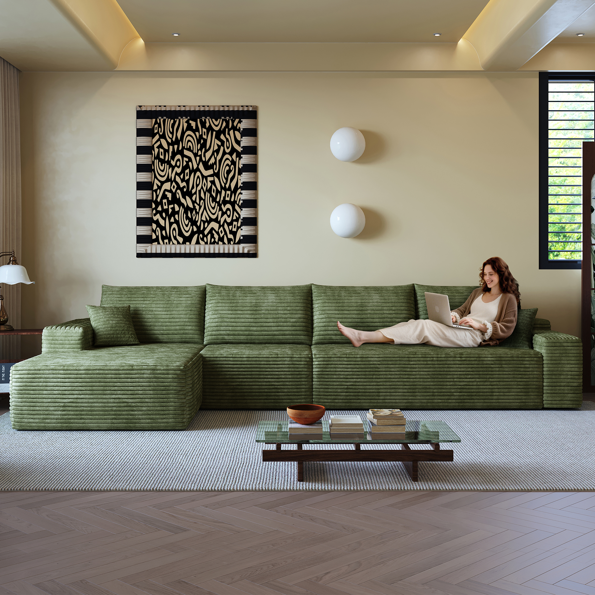 135″ Cloud Sectional Couch with L-Shape Chaise,Modern Modular Sofa with Deep Seat, Upholstered Couches for Living Room Bedroom,No Assembly Required, (Plush Corduroy Fabric),Green