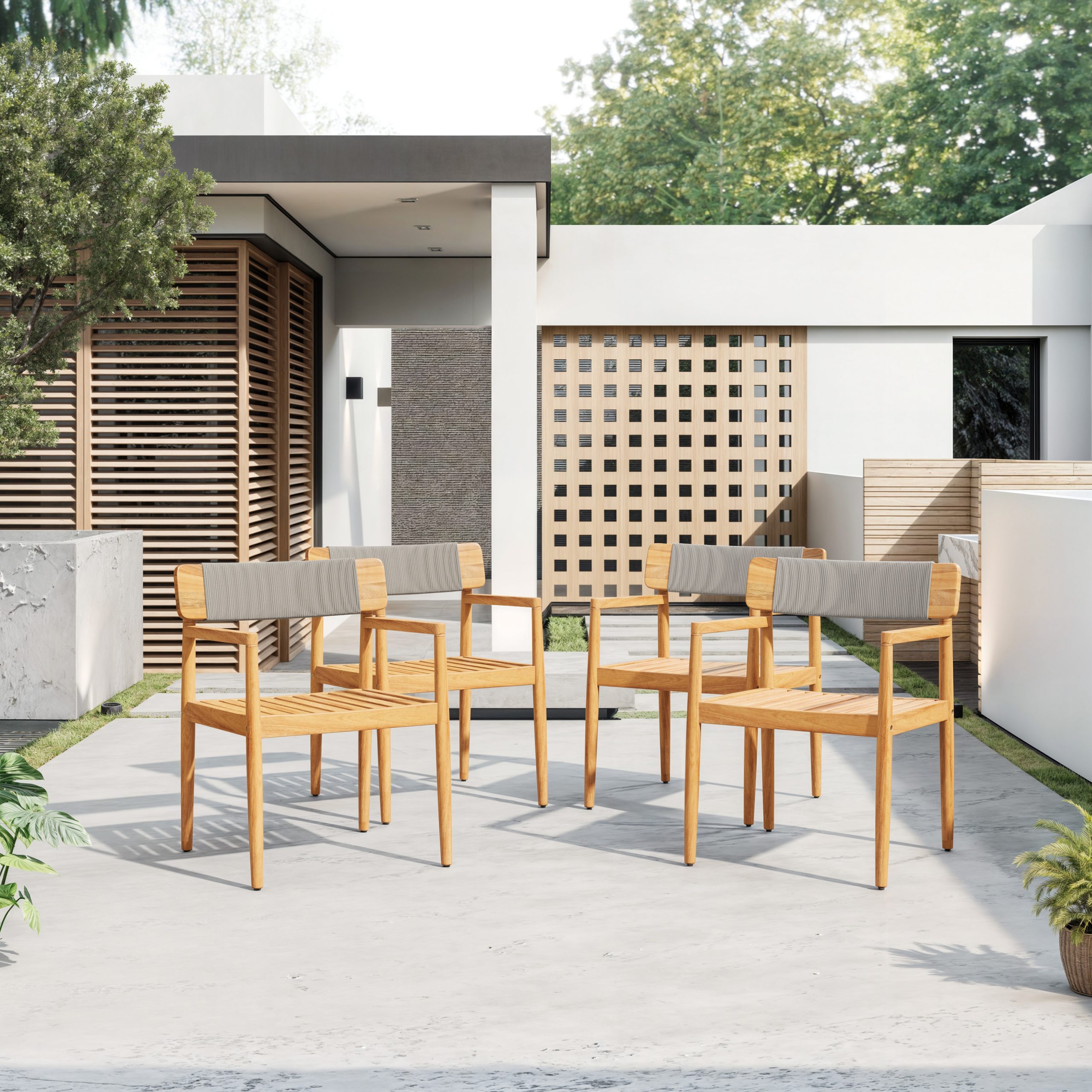 4-Piece Patio Furniture Set,Braided Acacia Wood Outdoor Dining Chairs with Armrests,Teak Look & Gray Rope Weave, All-Weather Garden, Backyard, Poolside Dining and Leisure