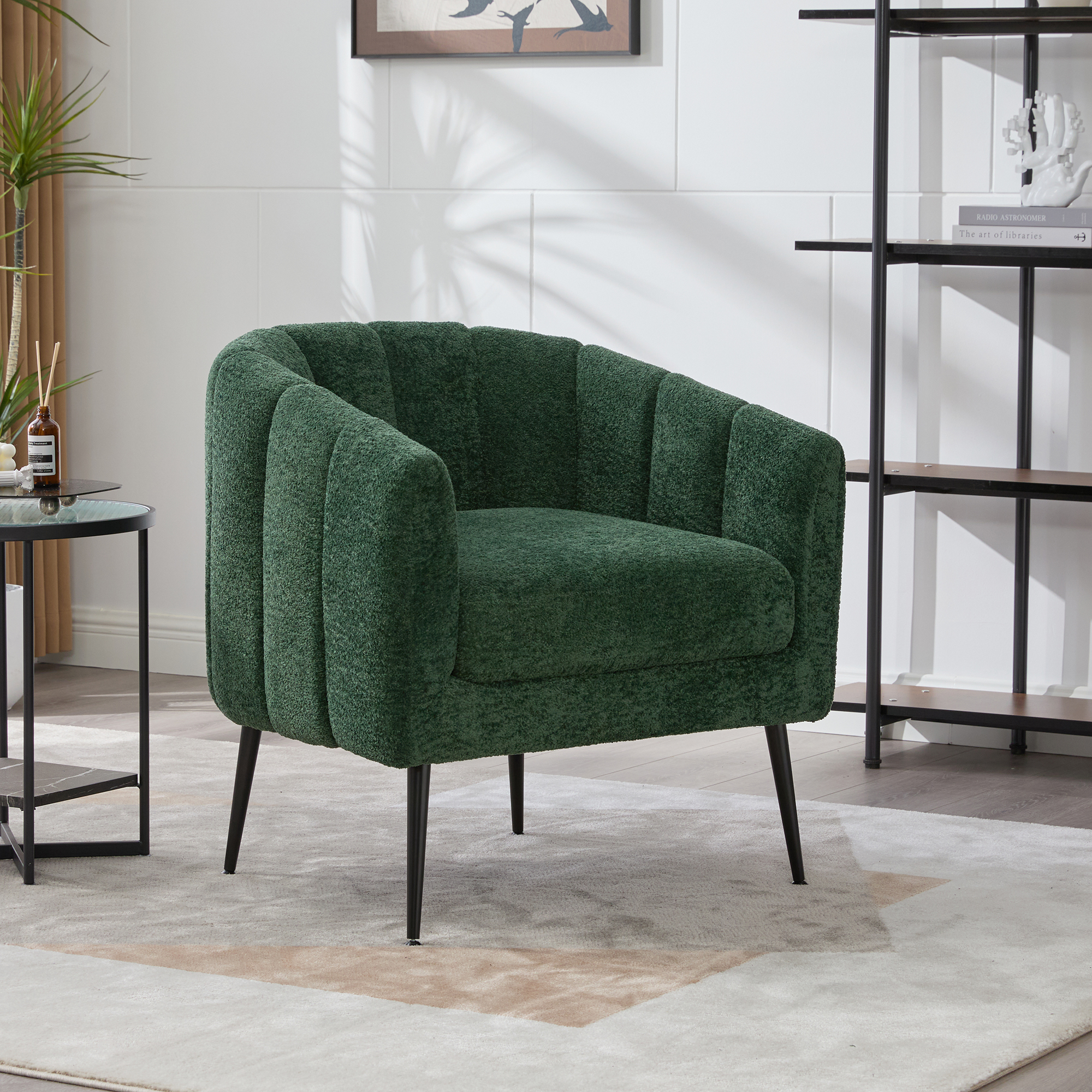29.9” Modern Upholstered Chenille Vanity Barrel Accent Chair with Metal Legs, Channel Tufted Lounge Chair Single Sofa Round Leisure Armchair for Bedroom Living Room Reception Study Room Office,Green