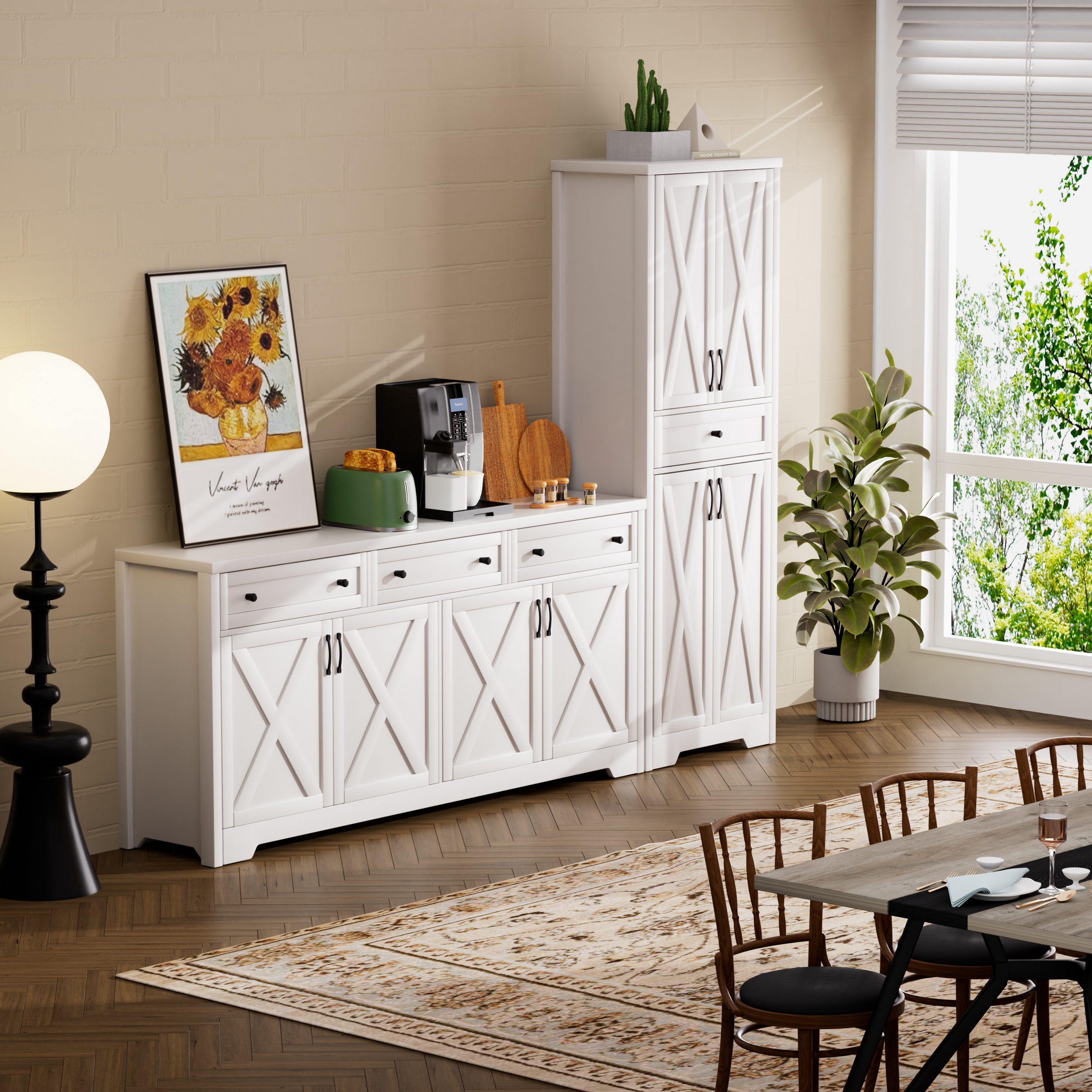 66 inch TV cabinet for living room, multifunctional combination TV cabinet, large capacity storage cabinet, can be used in living room, bedroom, office area, white, 66.1”L x 15”W x 30”H.