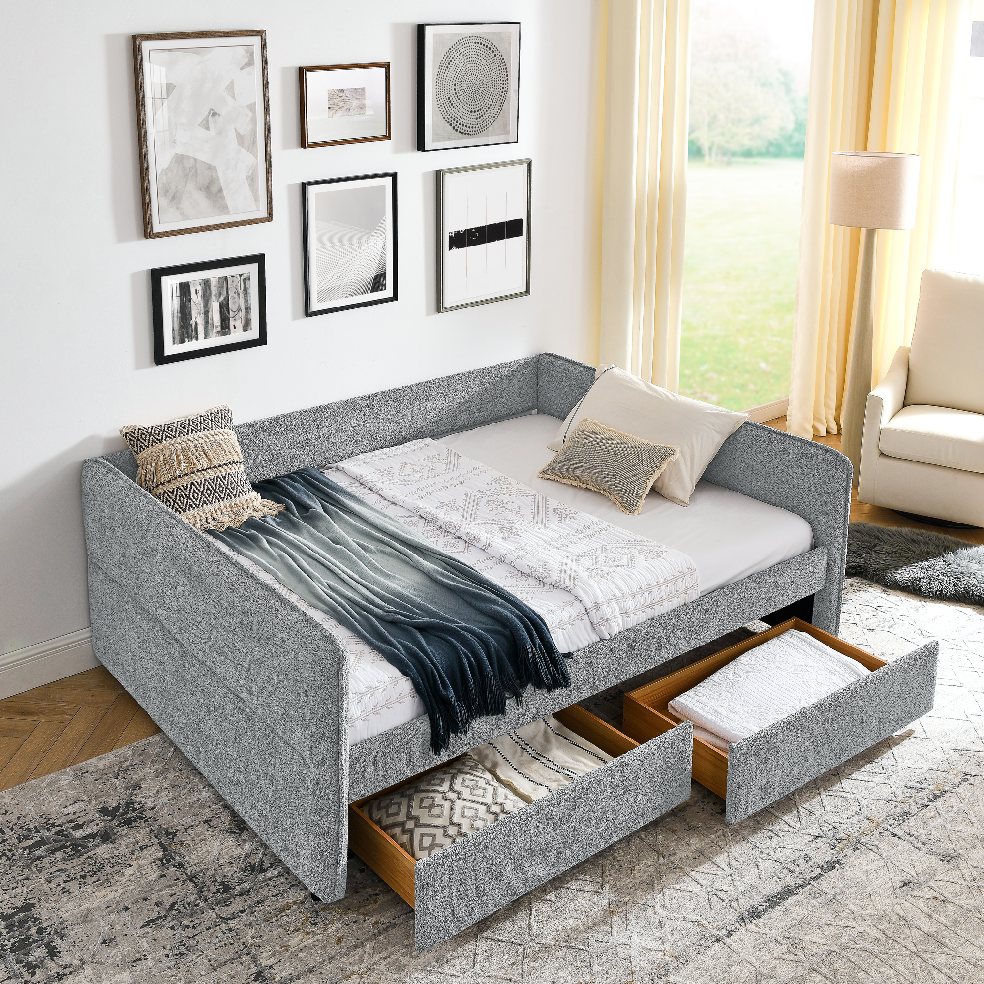 Daybed with Trundle Upholstered Tufted Sofa Bed, with Two Drawers, Queen Size, Boucle Fabric, Grey(88″x65.5″x29.5″)