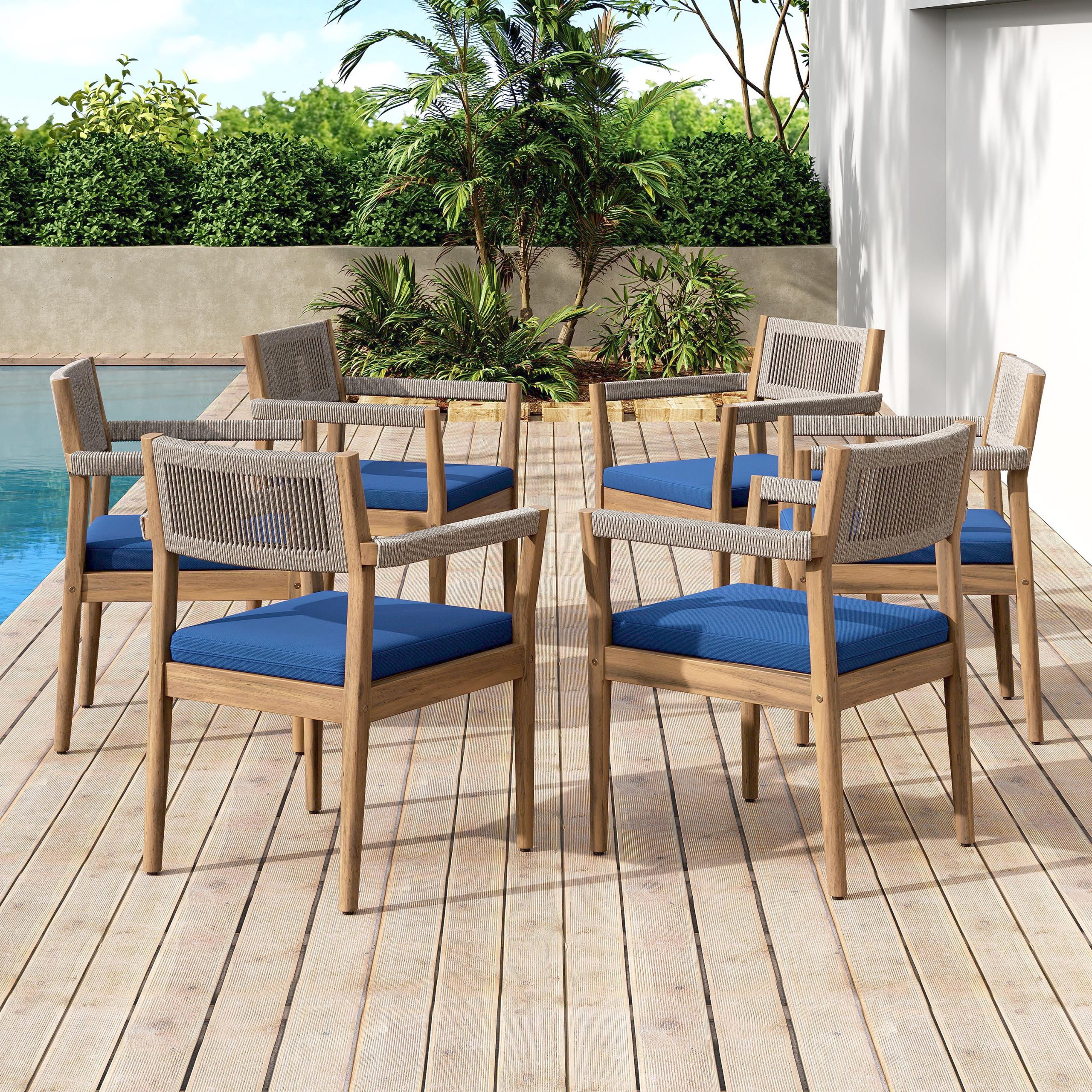 Braided Acacia Wood Outdoor Dining Chairs Set of 6 – Teak Look with Beige Rope & Navy  Cushions, All-Weather Patio Furniture for Garden, Poolside, and Backyard (Durable & Stylish)